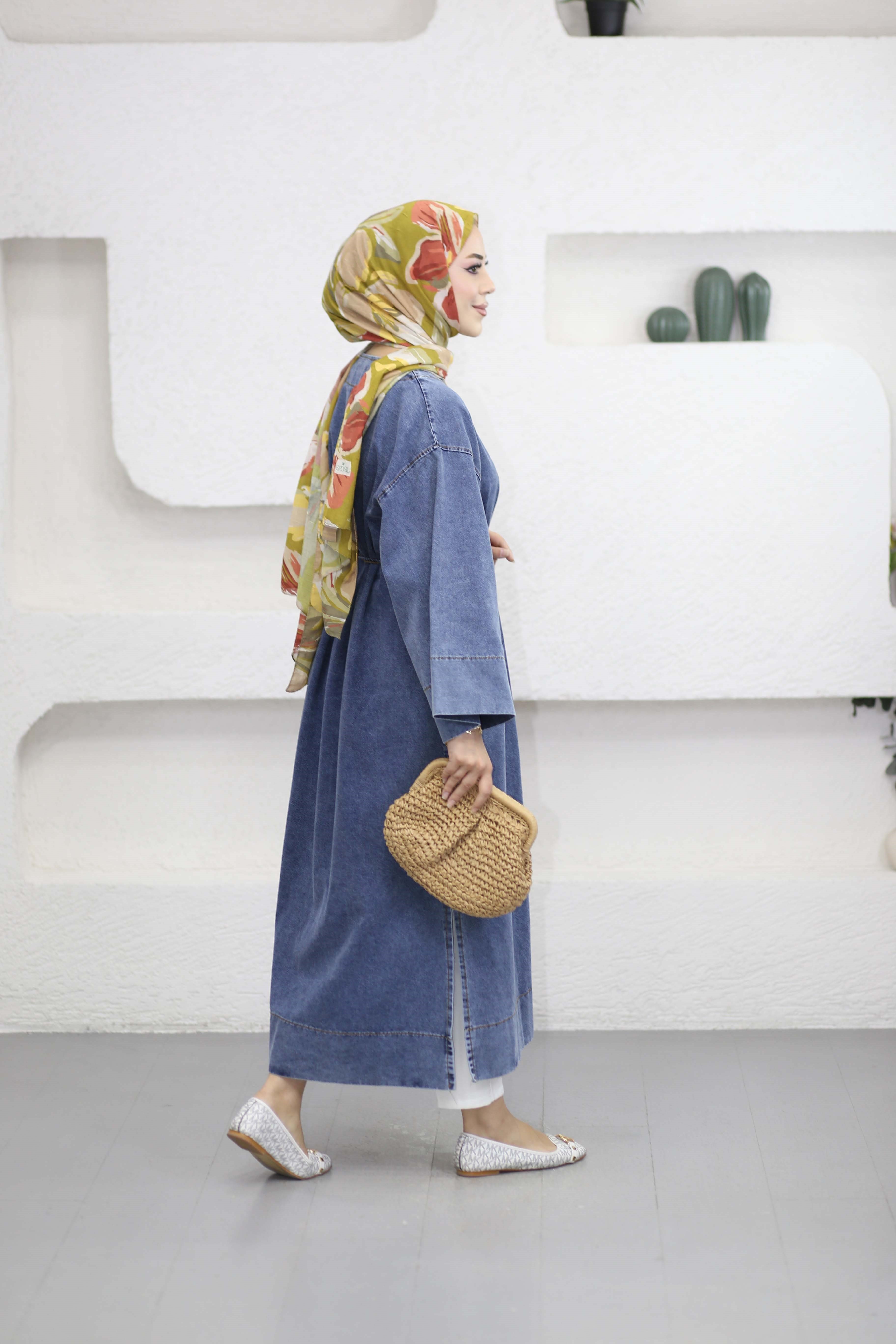 Broşlu Denim Kimono Açık Mavi 9133