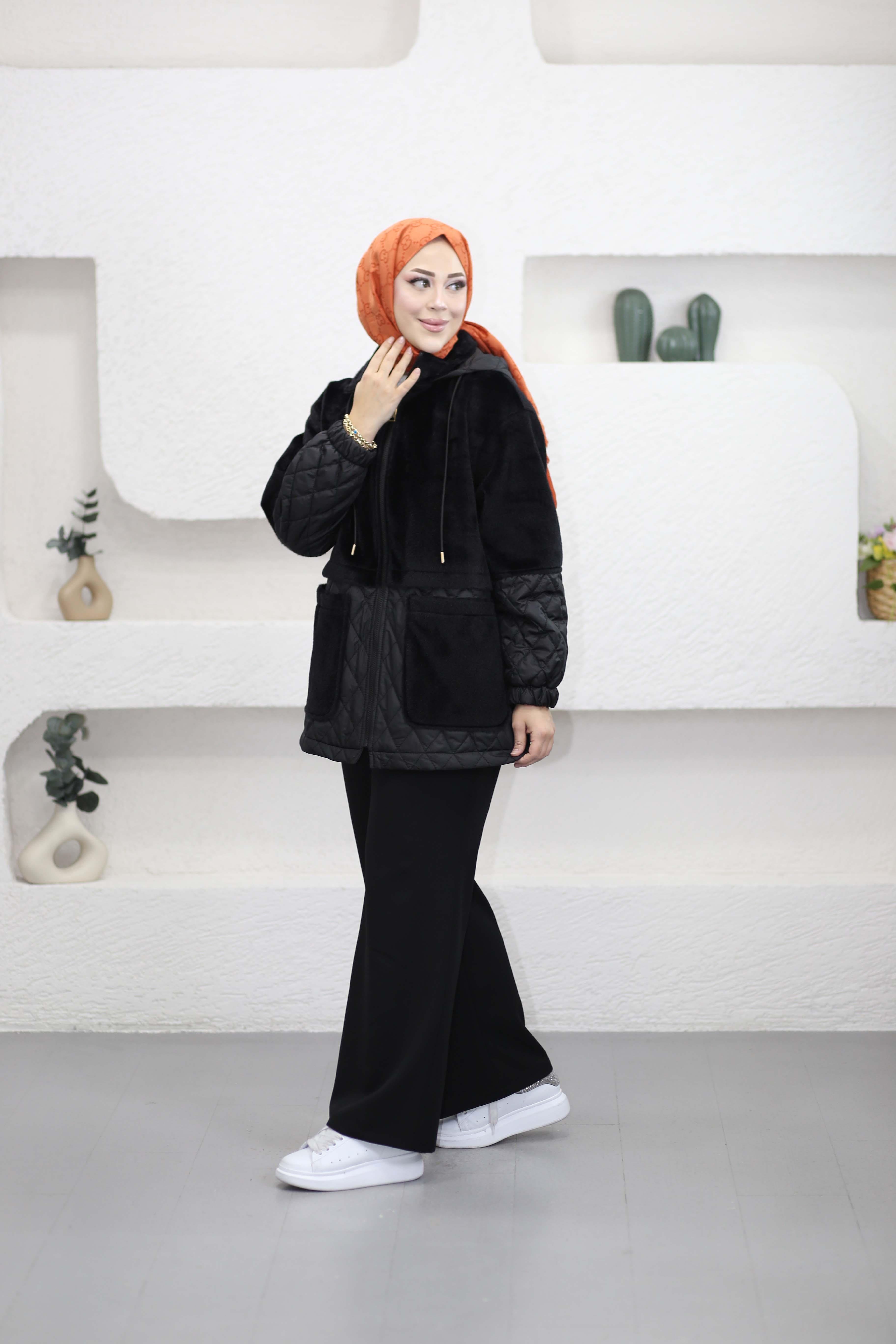 Kapitone Garnili Peluş Mont Siyah 35832