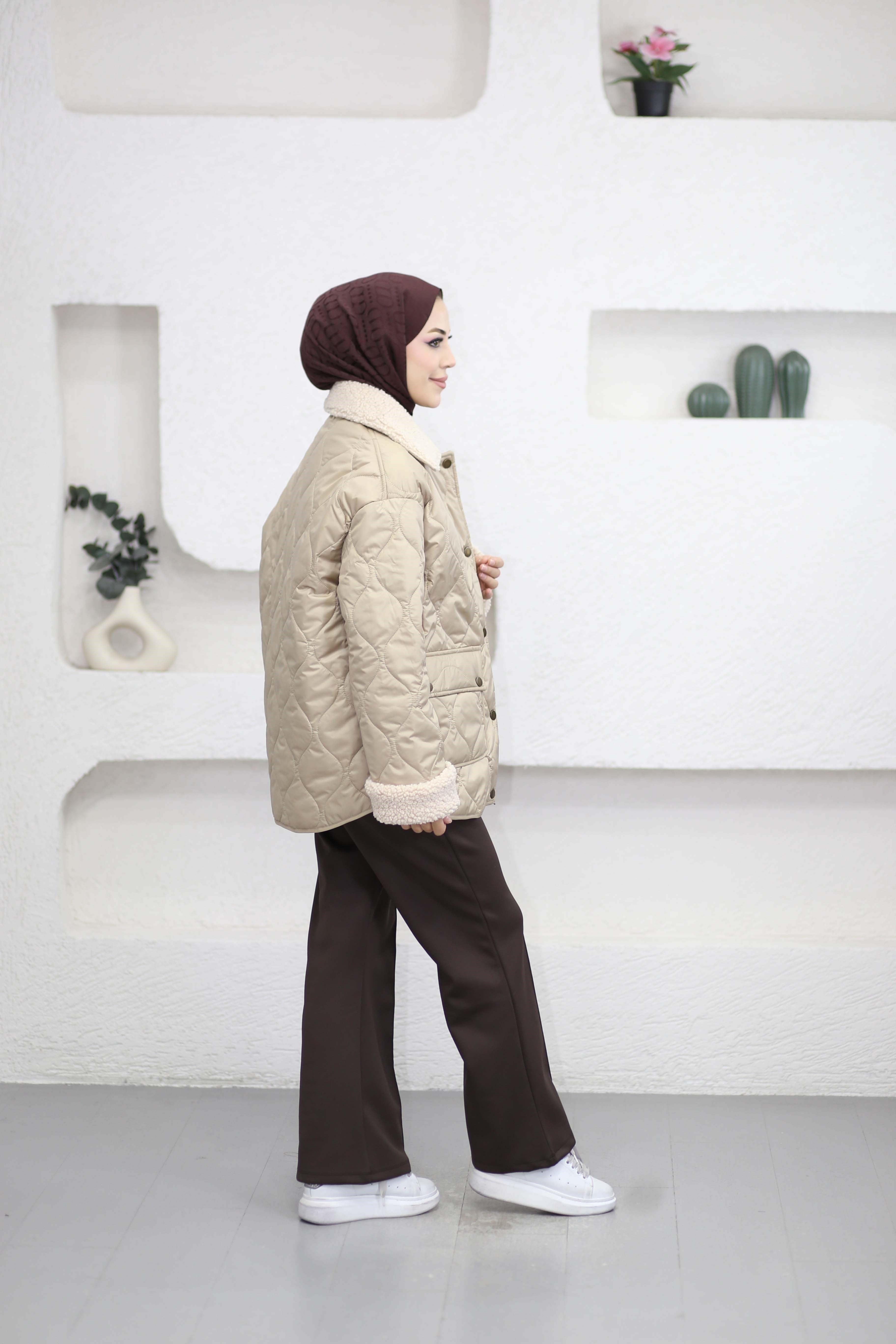 Yakası Kürklü Kapitone Mont Camel 6162