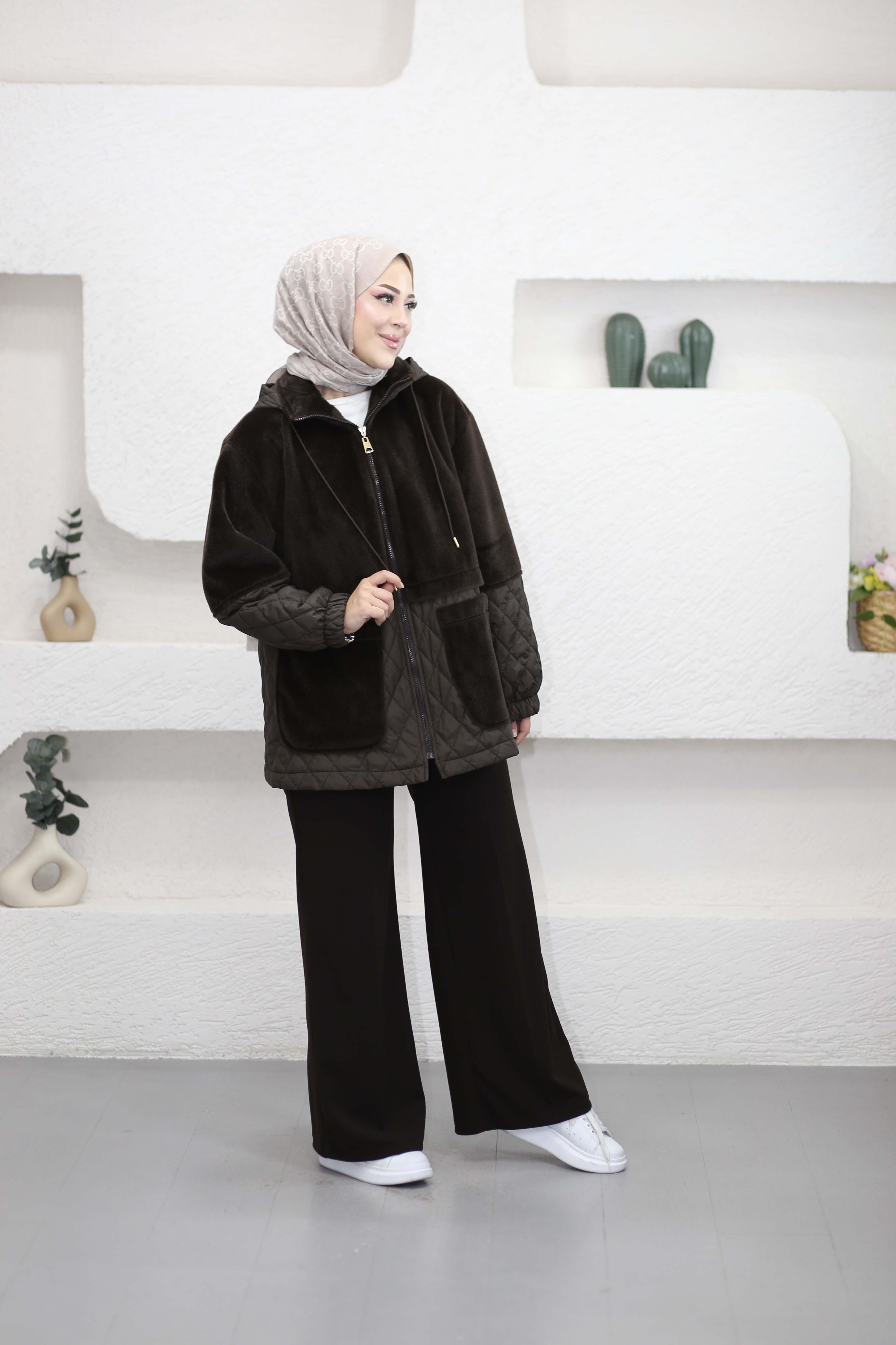 Kapitone Garnili Peluş Mont Kahverengi 35832