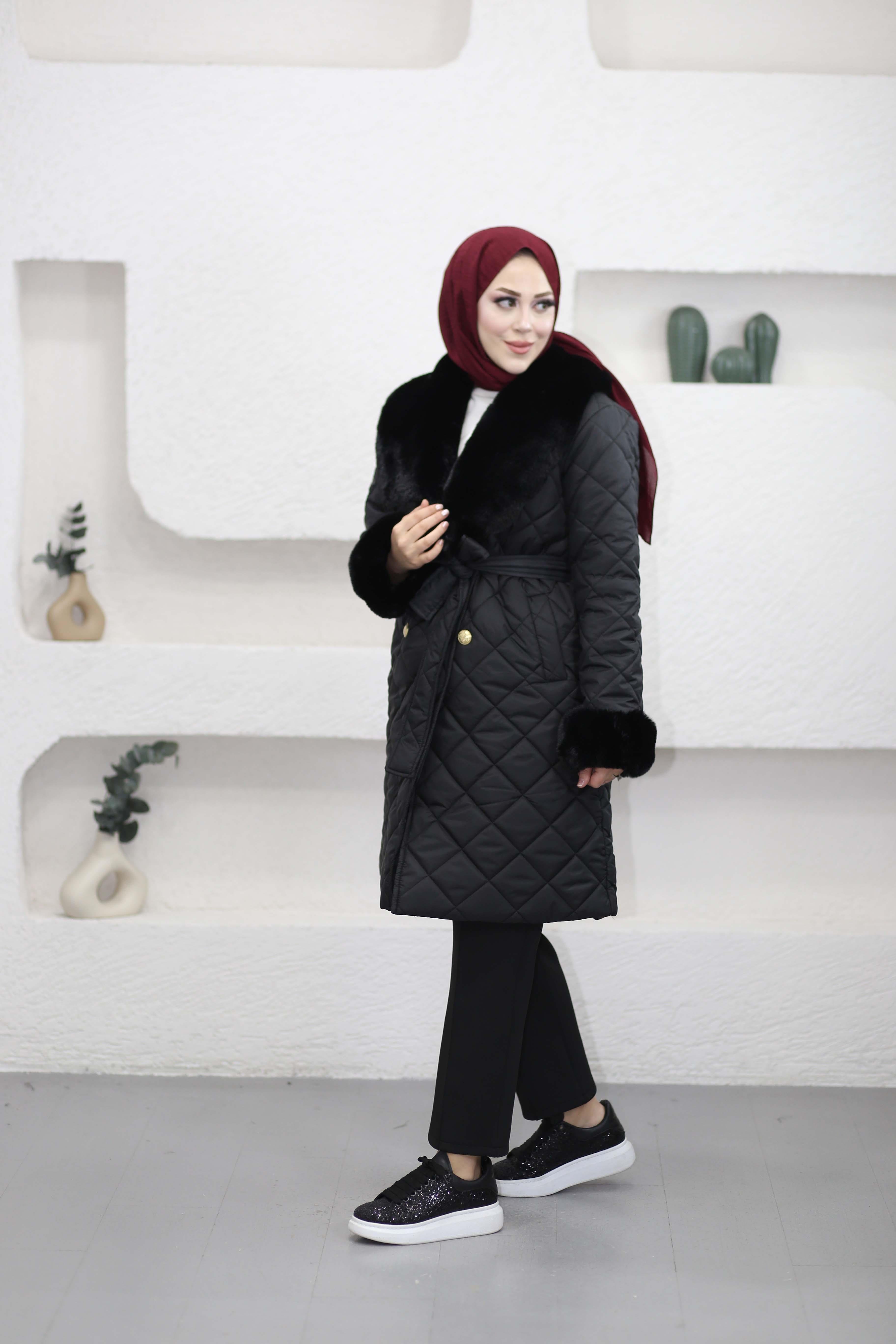 Kürklü Kapitone Mont Siyah 7802