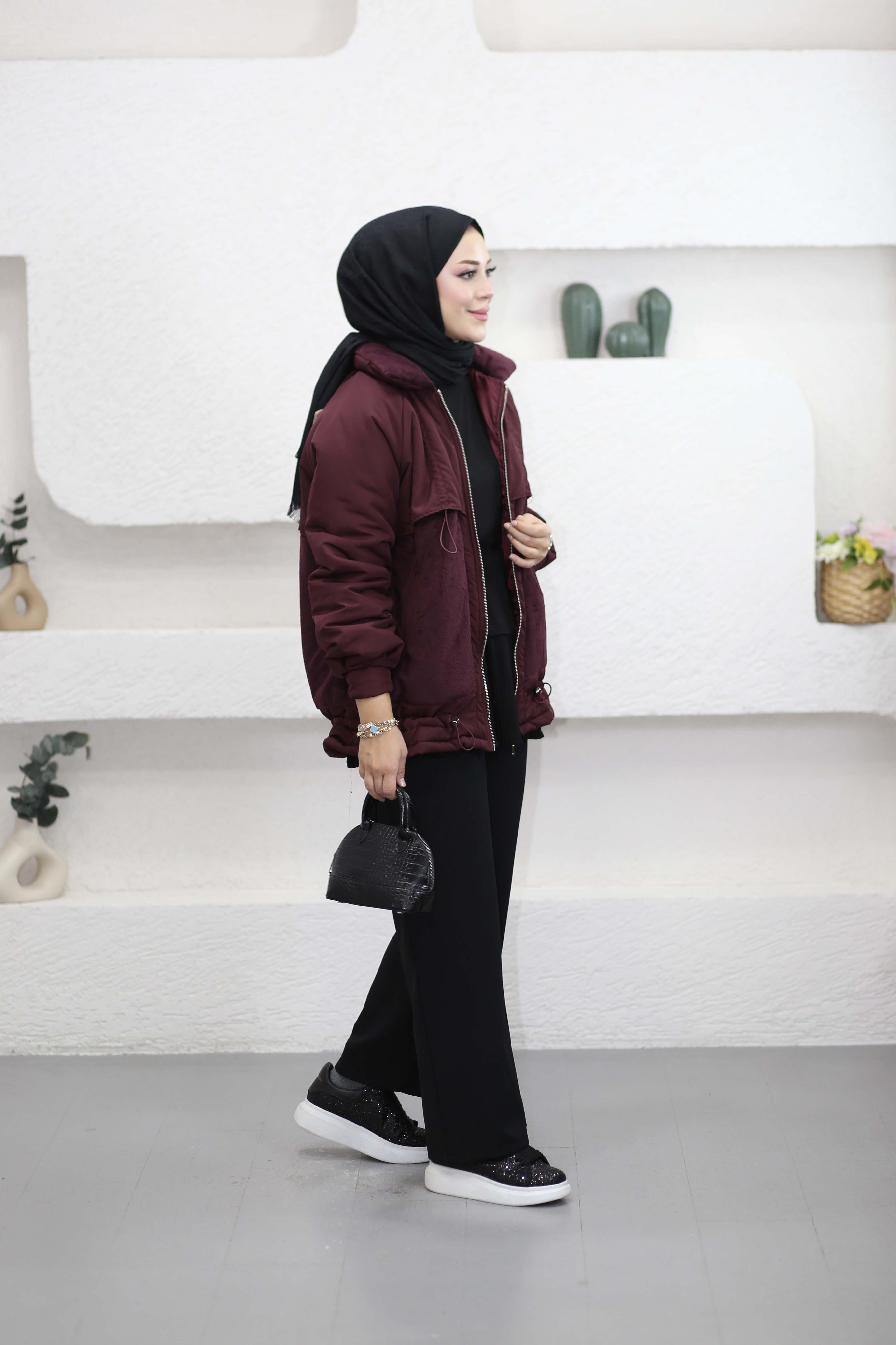 Peluşlu Şişme Mont Bordo 2397