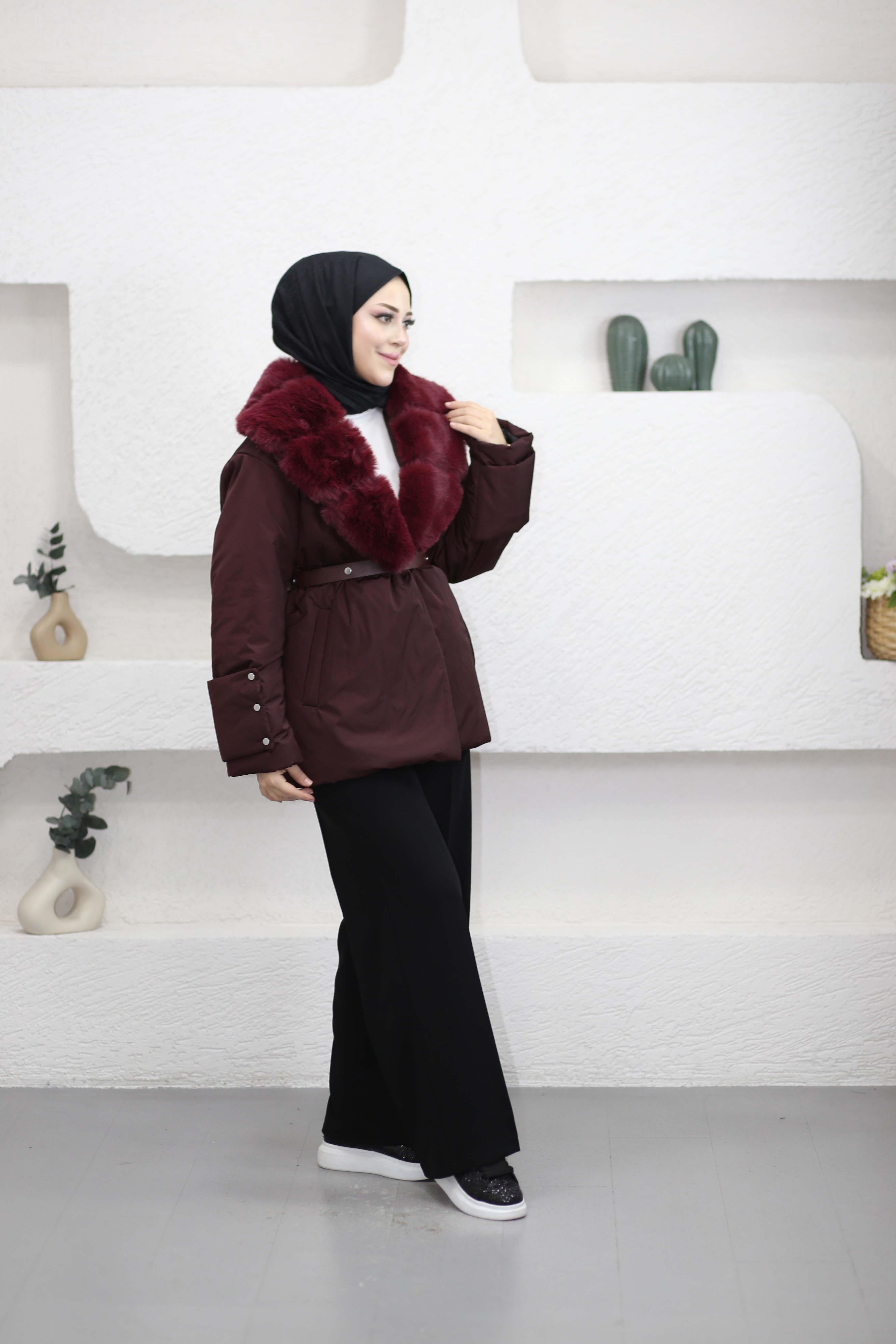 Yakası Kürklü Şişme Mont Bordo 2075
