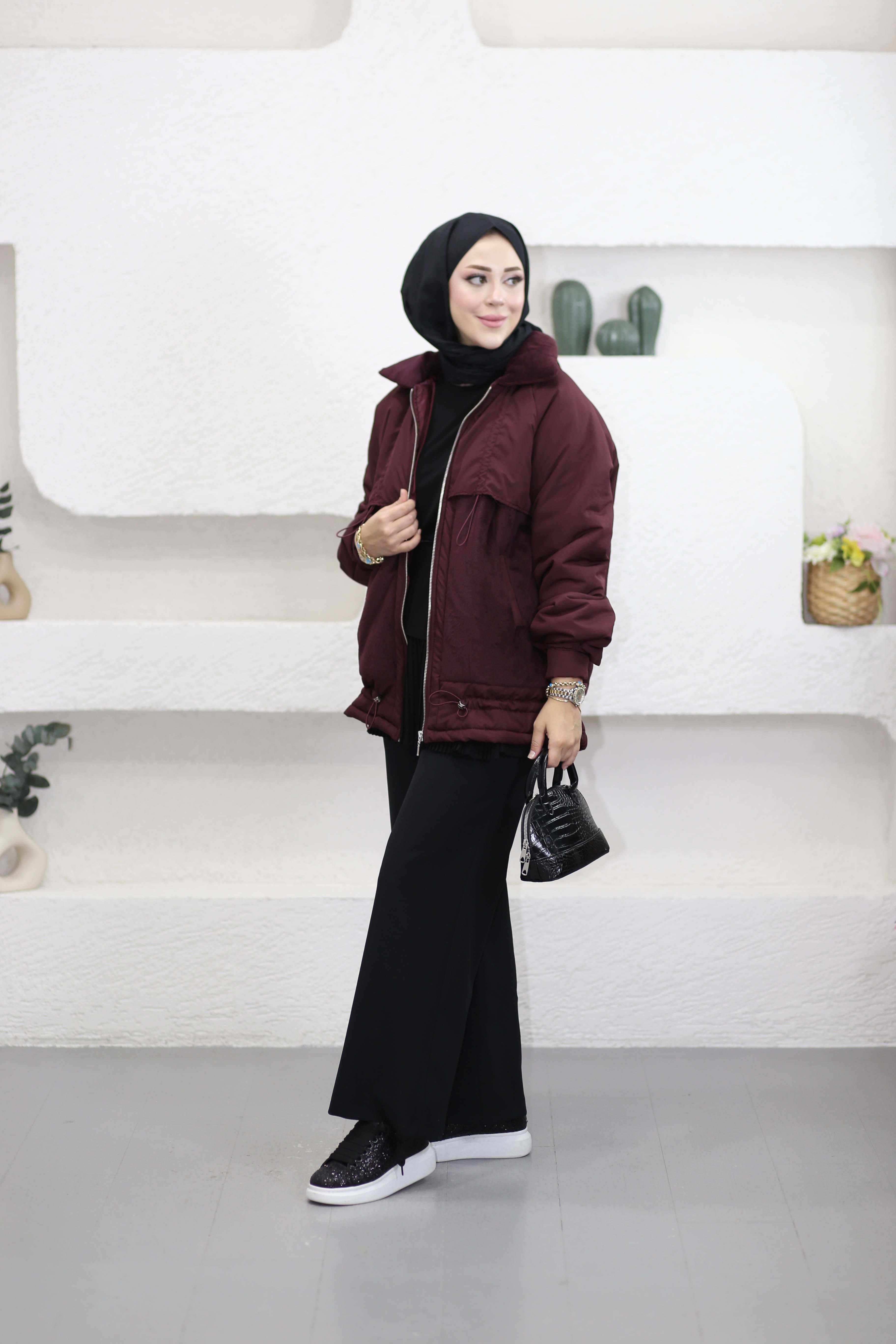 Peluşlu Şişme Mont Bordo 2397