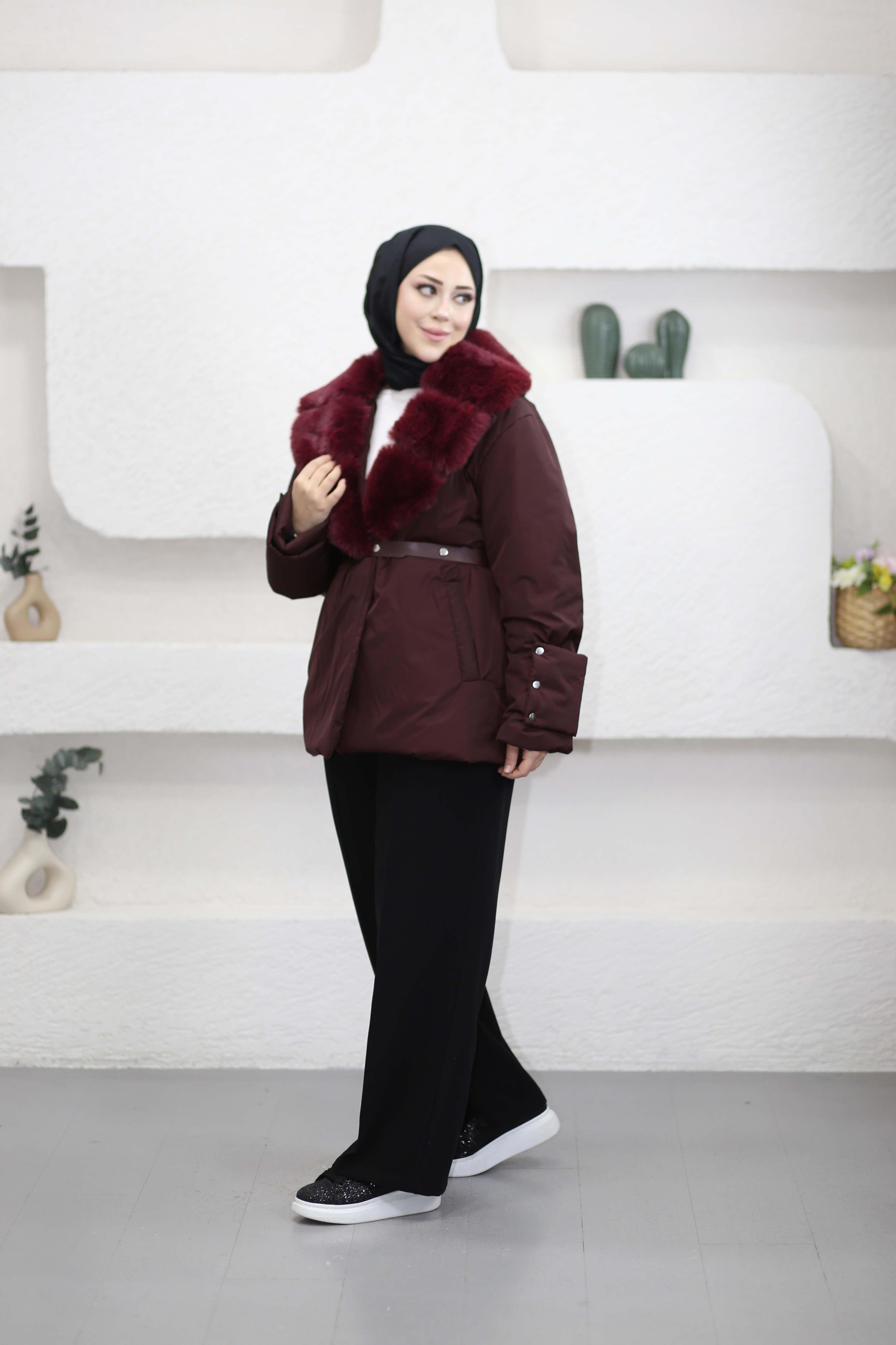 Yakası Kürklü Şişme Mont Bordo 2075