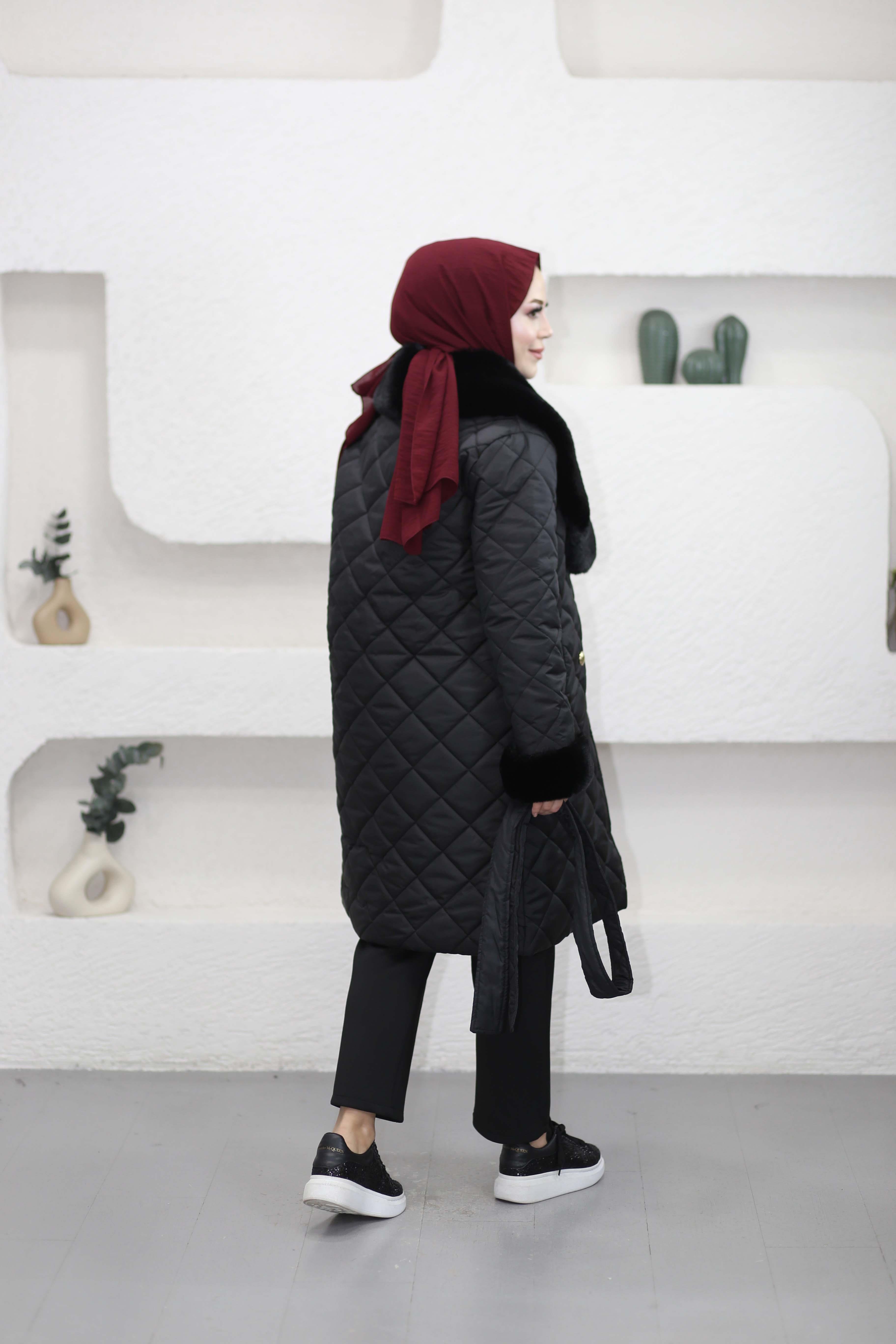 Kürklü Kapitone Mont Siyah 7802