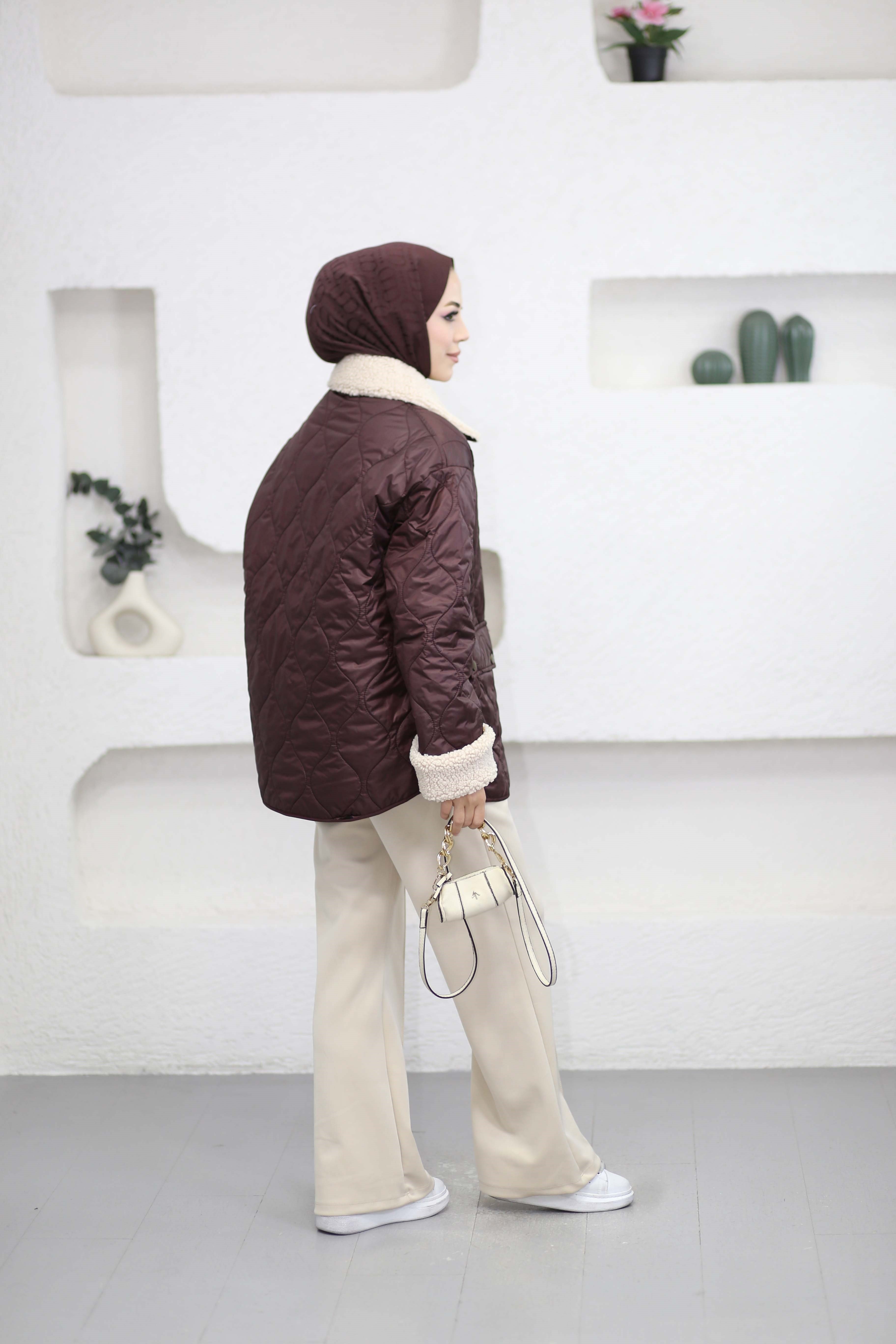 Yakası Kürklü Kapitone Mont Bordo 6162