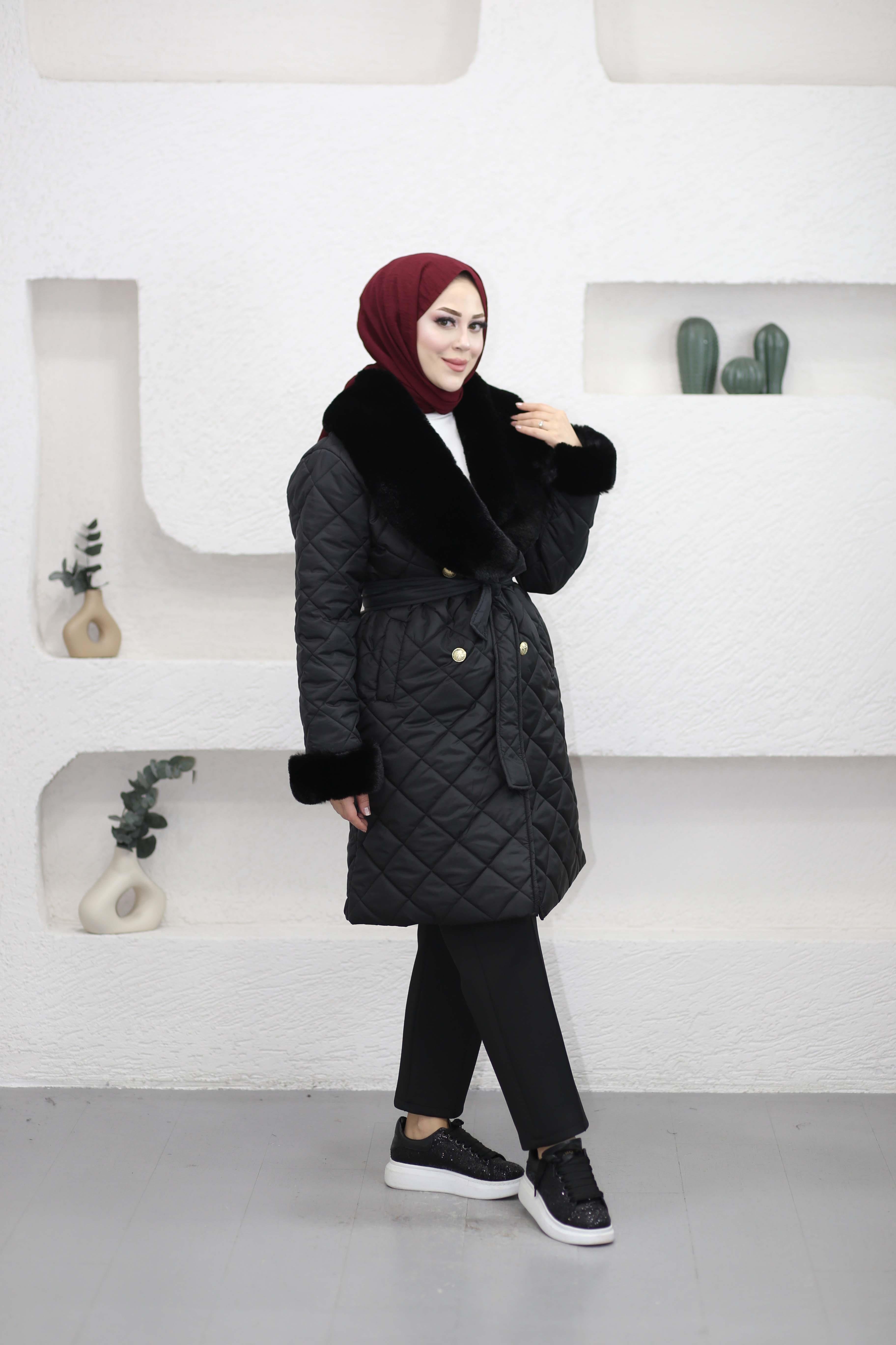 Kürklü Kapitone Mont Siyah 7802