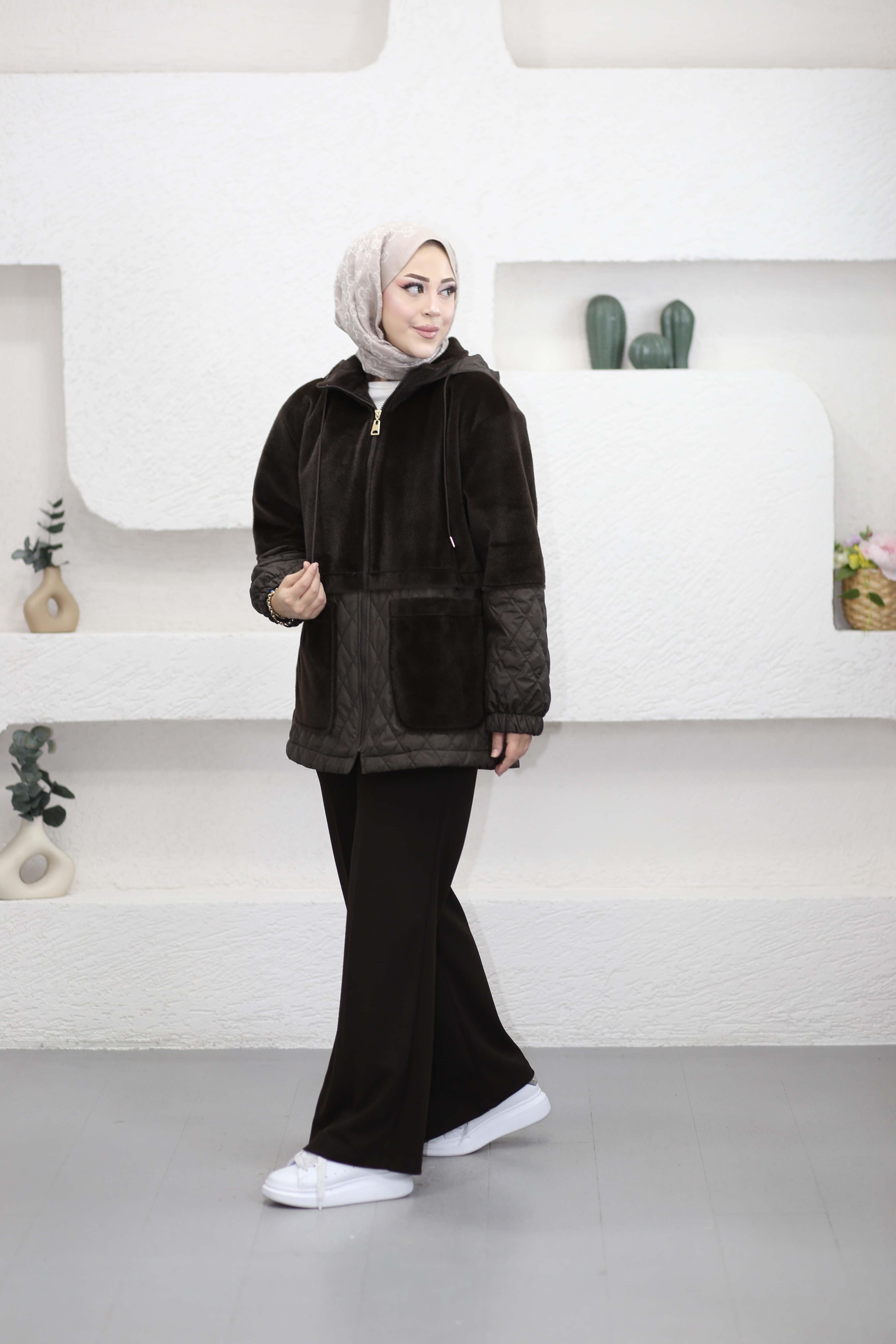Kapitone Garnili Peluş Mont Kahverengi 35832