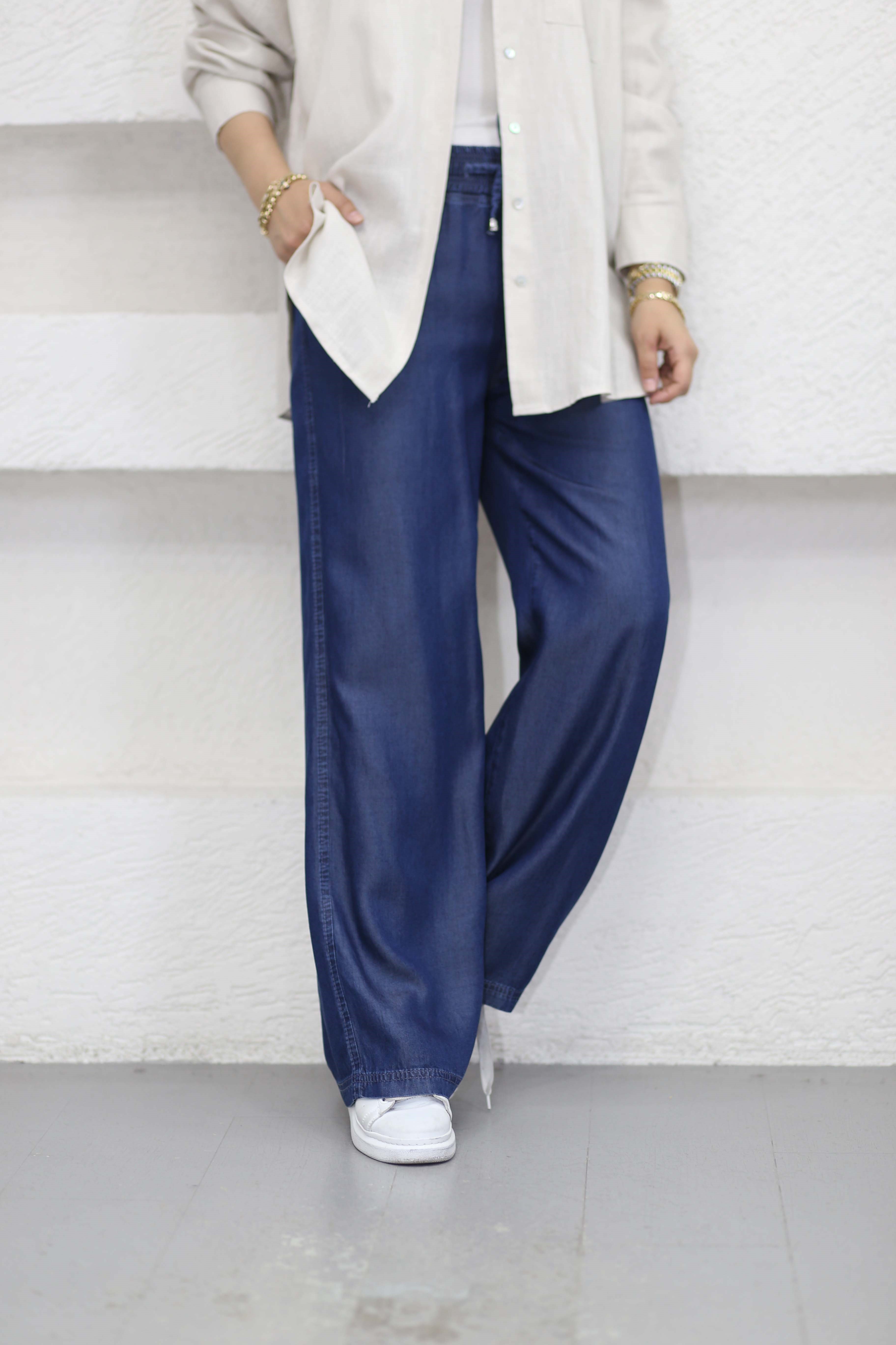 Bol Paça Tencel Pantolon Koyu Mavi 2517