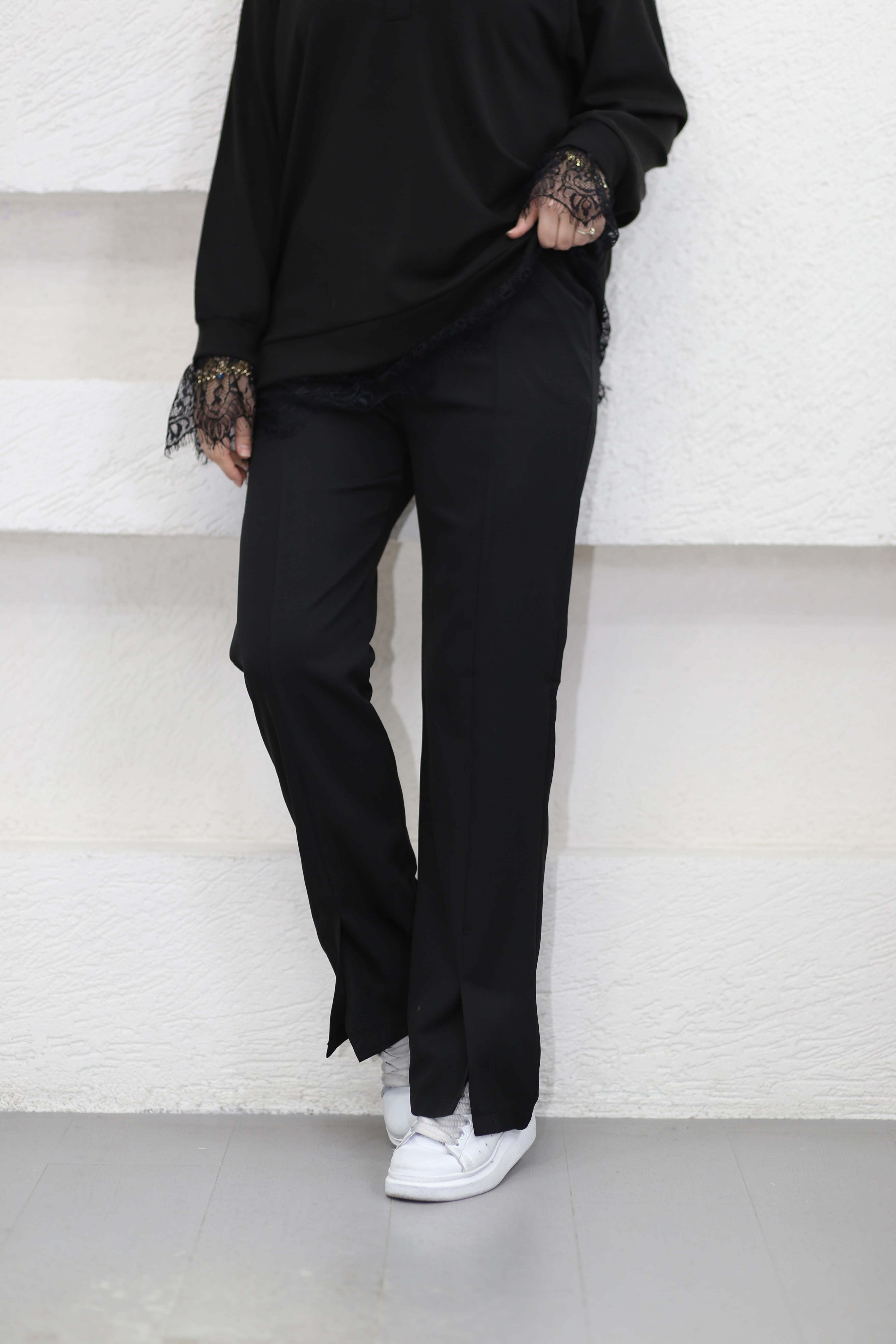 Yırtmaçlı Krep Pantolon Siyah 1499