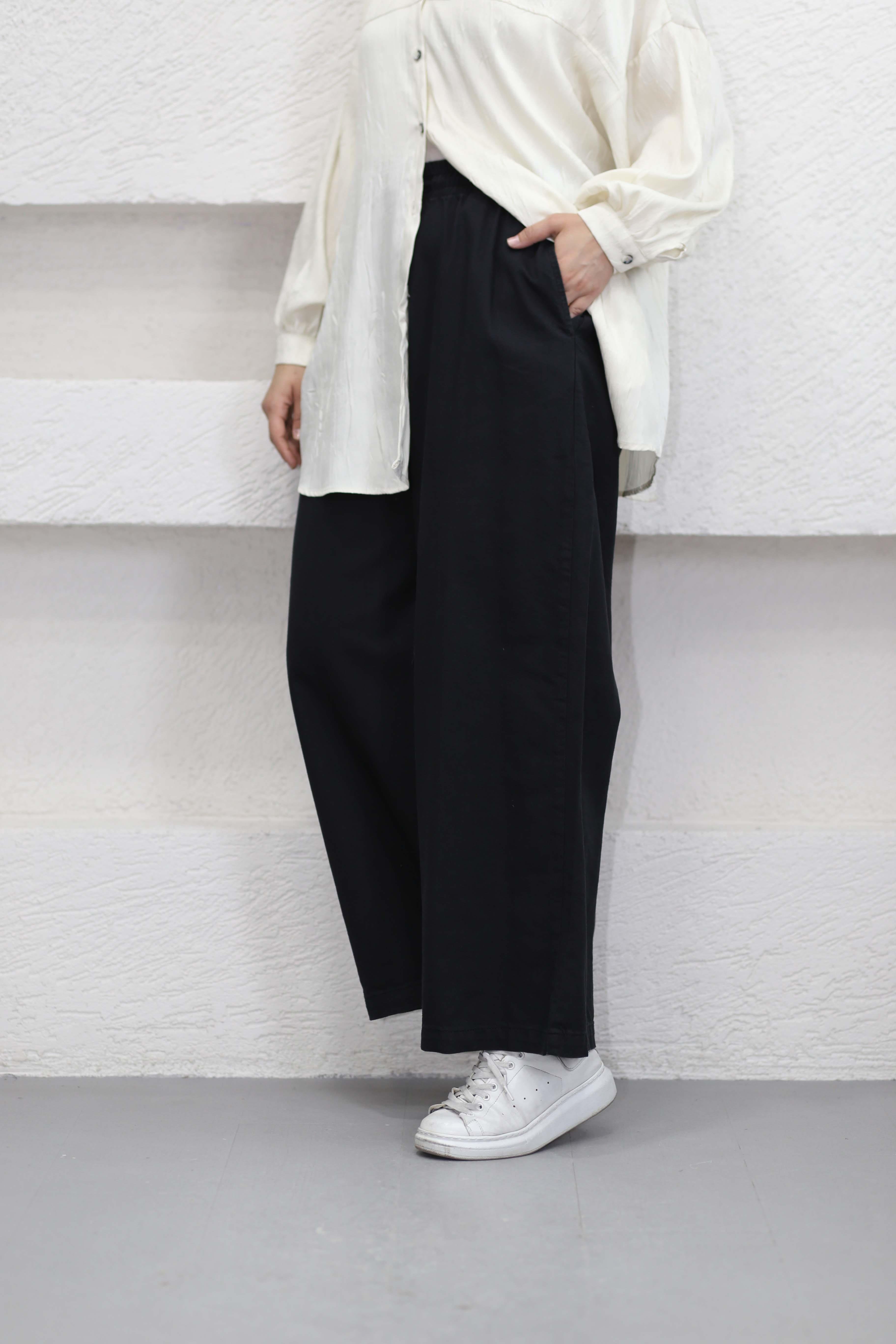 Beli Lastikli Bol Paça Pantolon Siyah 2738