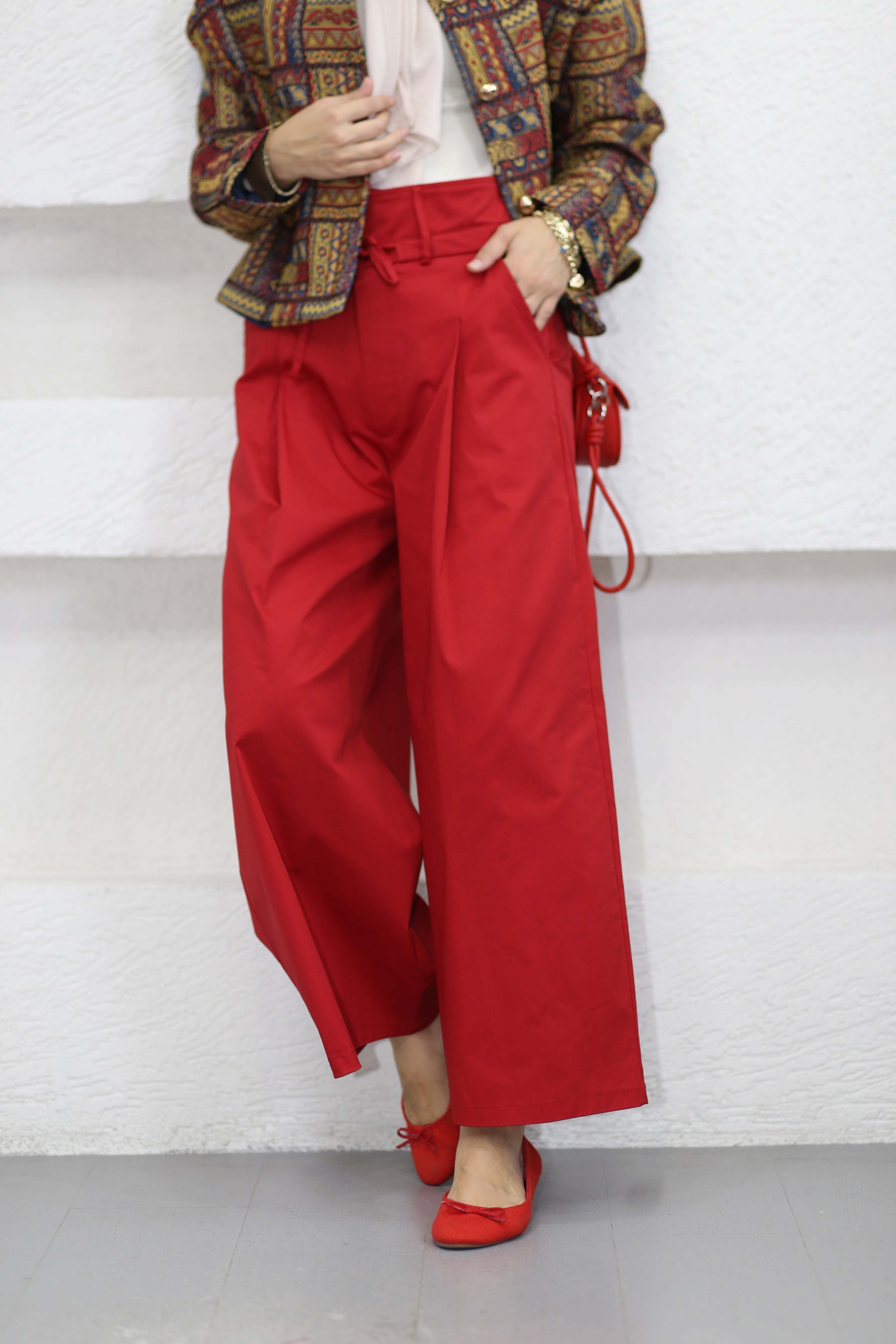 Geniş Paça Gabardin Pantolon Kırmızı 8766
