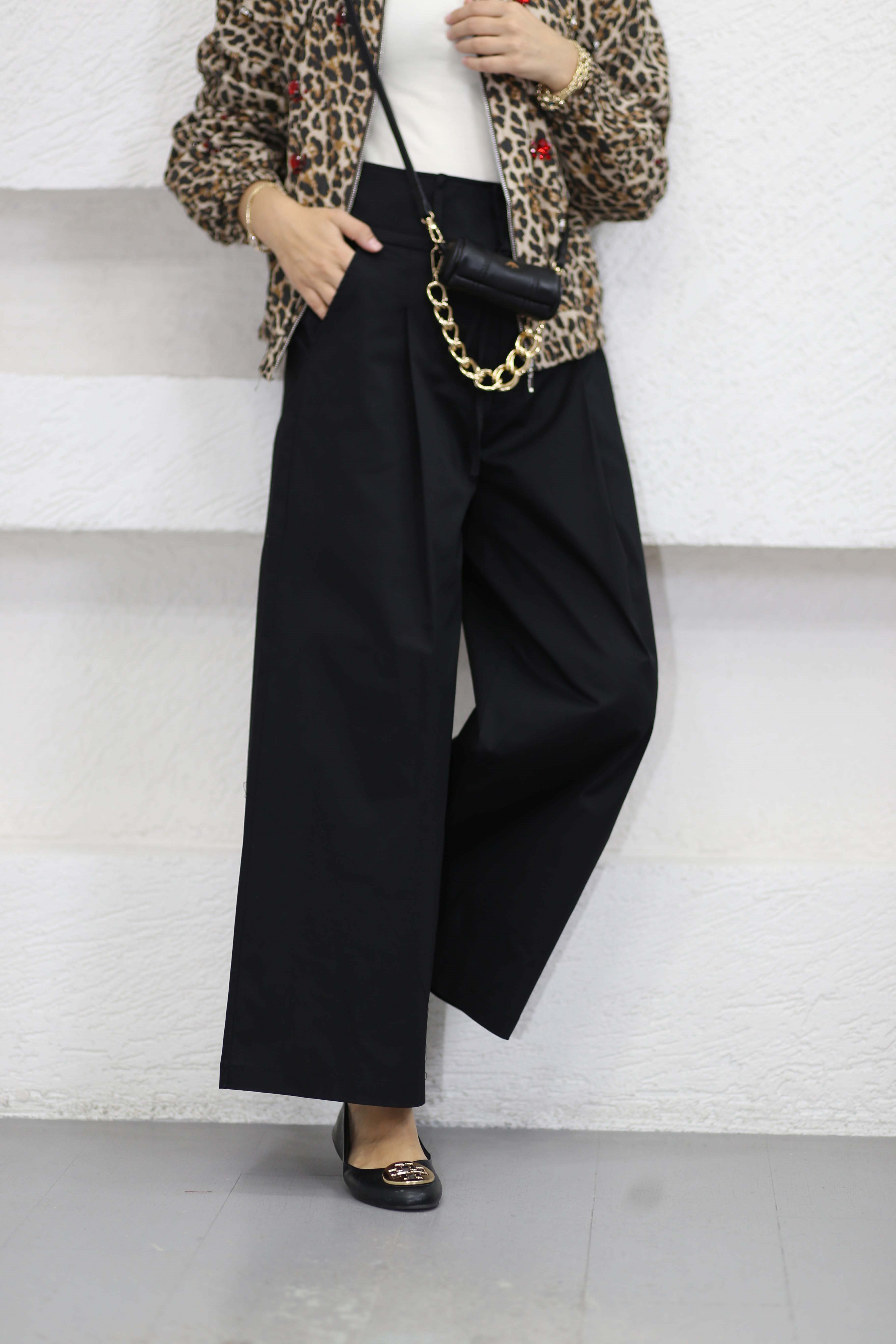 Geniş Paça Gabardin Pantolon Siyah 8766