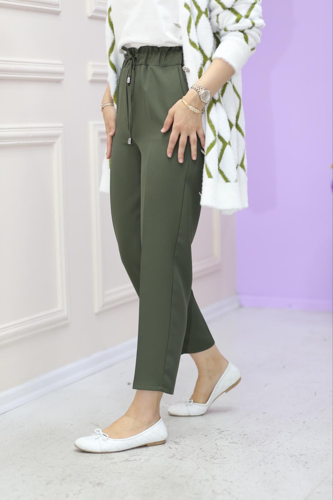 Beli Bağlamalı Krep Pantolon Haki 1314