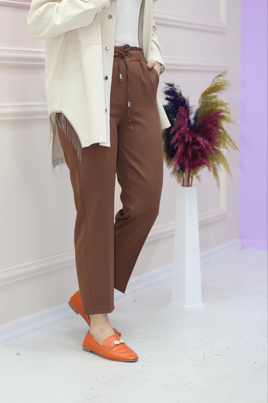 Beli Bağlamalı Krep Pantolon Kahverengi 1314