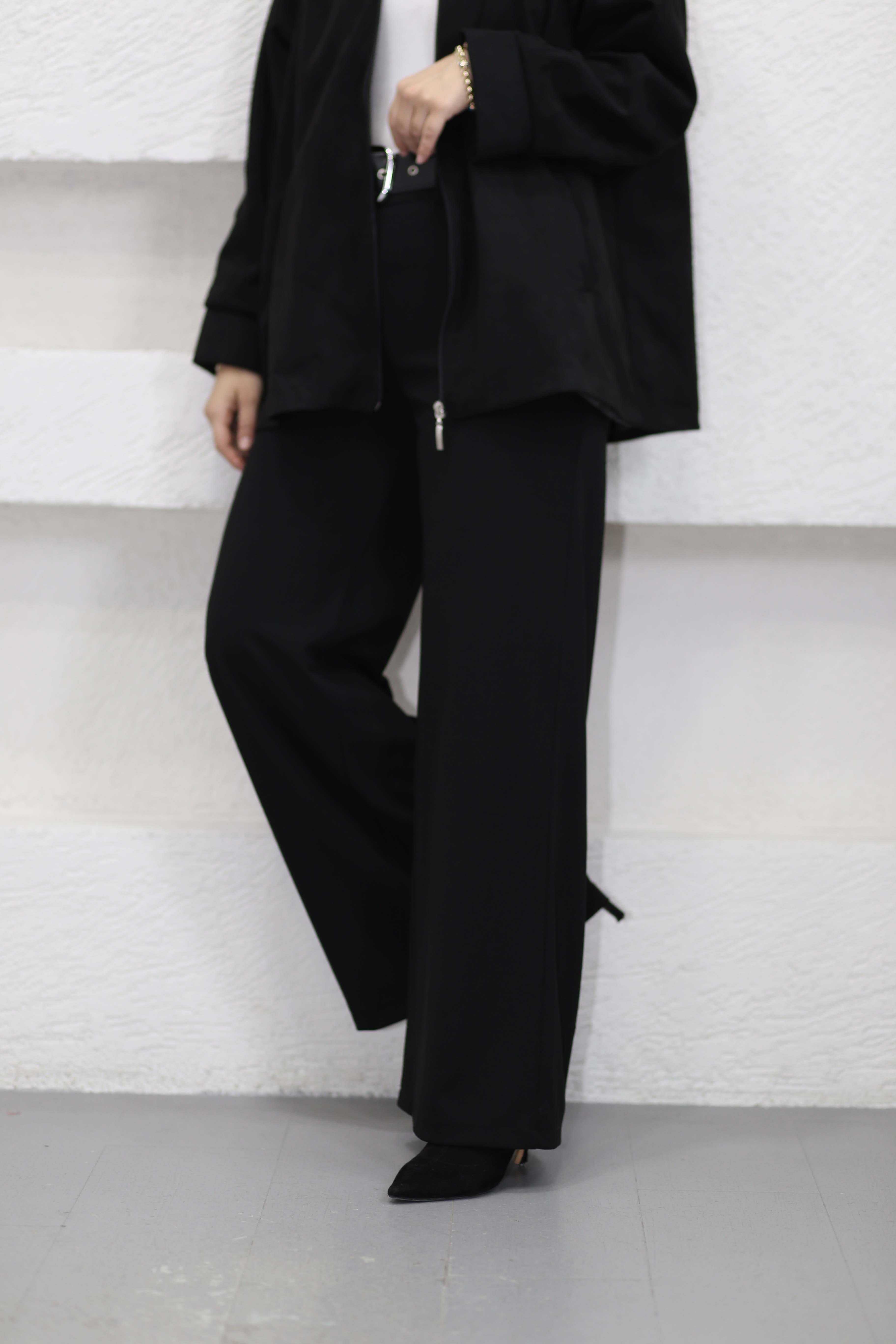 Deri Kemerli Bol Paça Pantolon Siyah 328