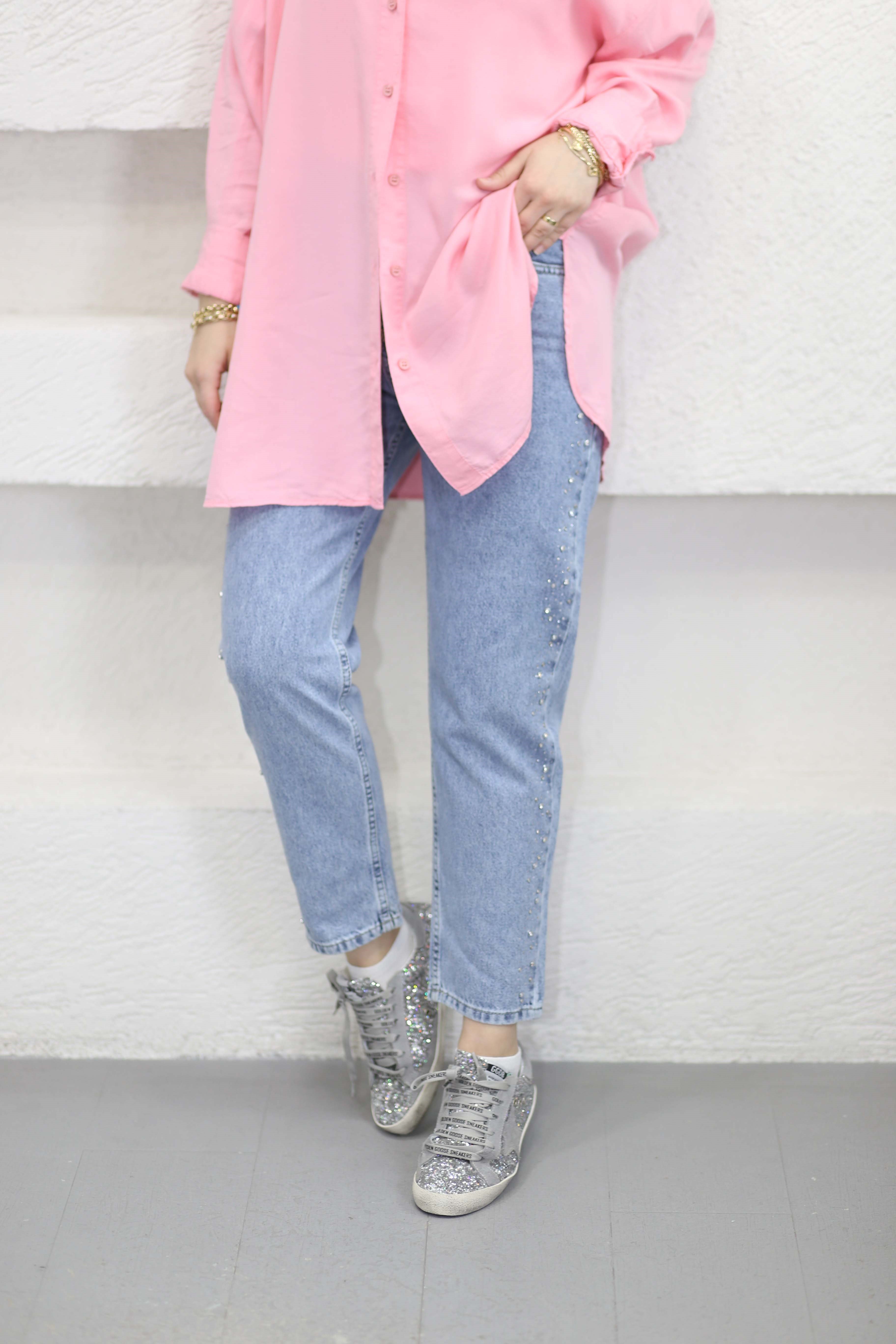 Taş Şeritli Kot Pantolon Koyu Mavi 3376