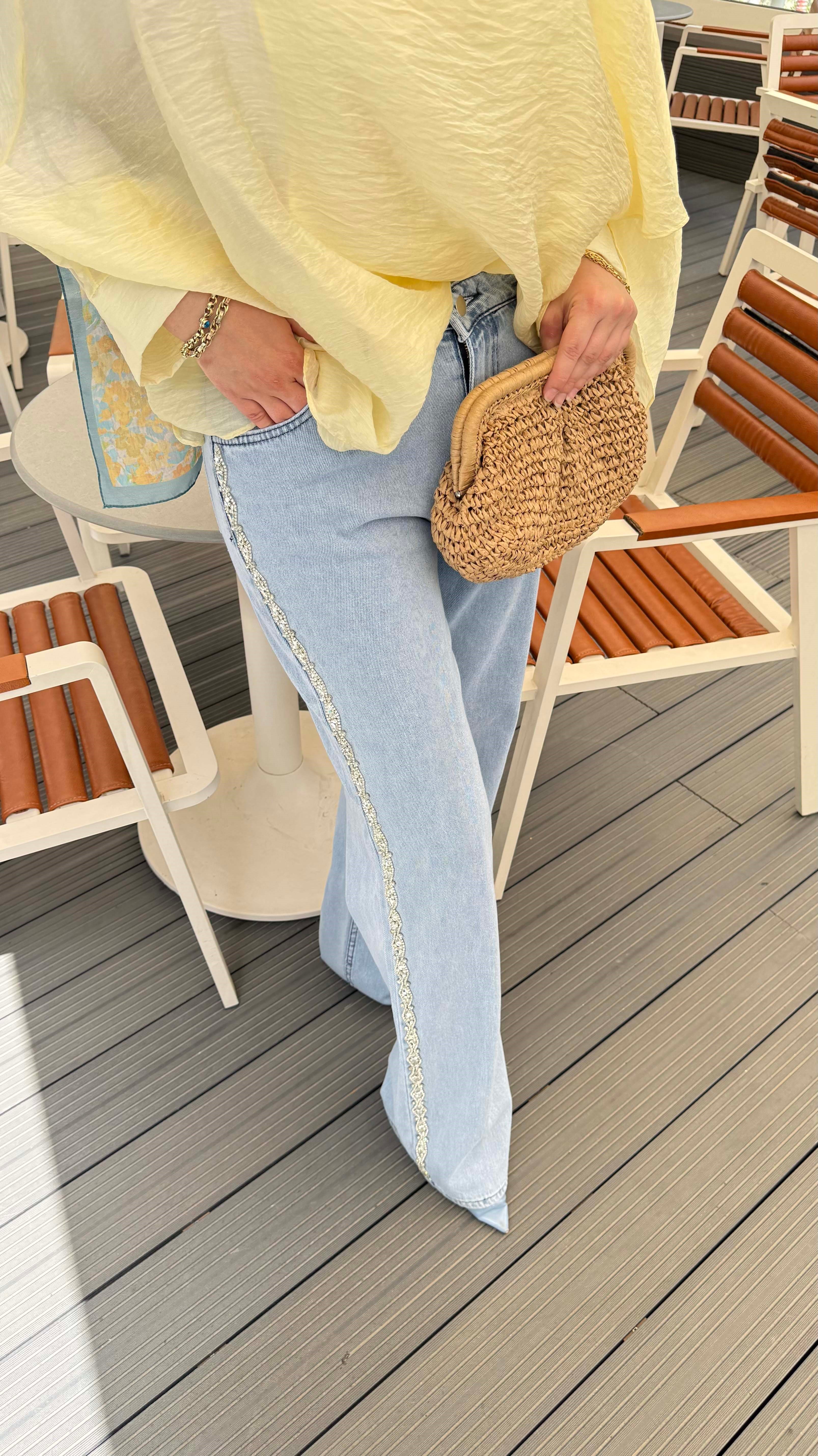 Yanı Taşlı Kot Pantolon Açık Mavi 8317