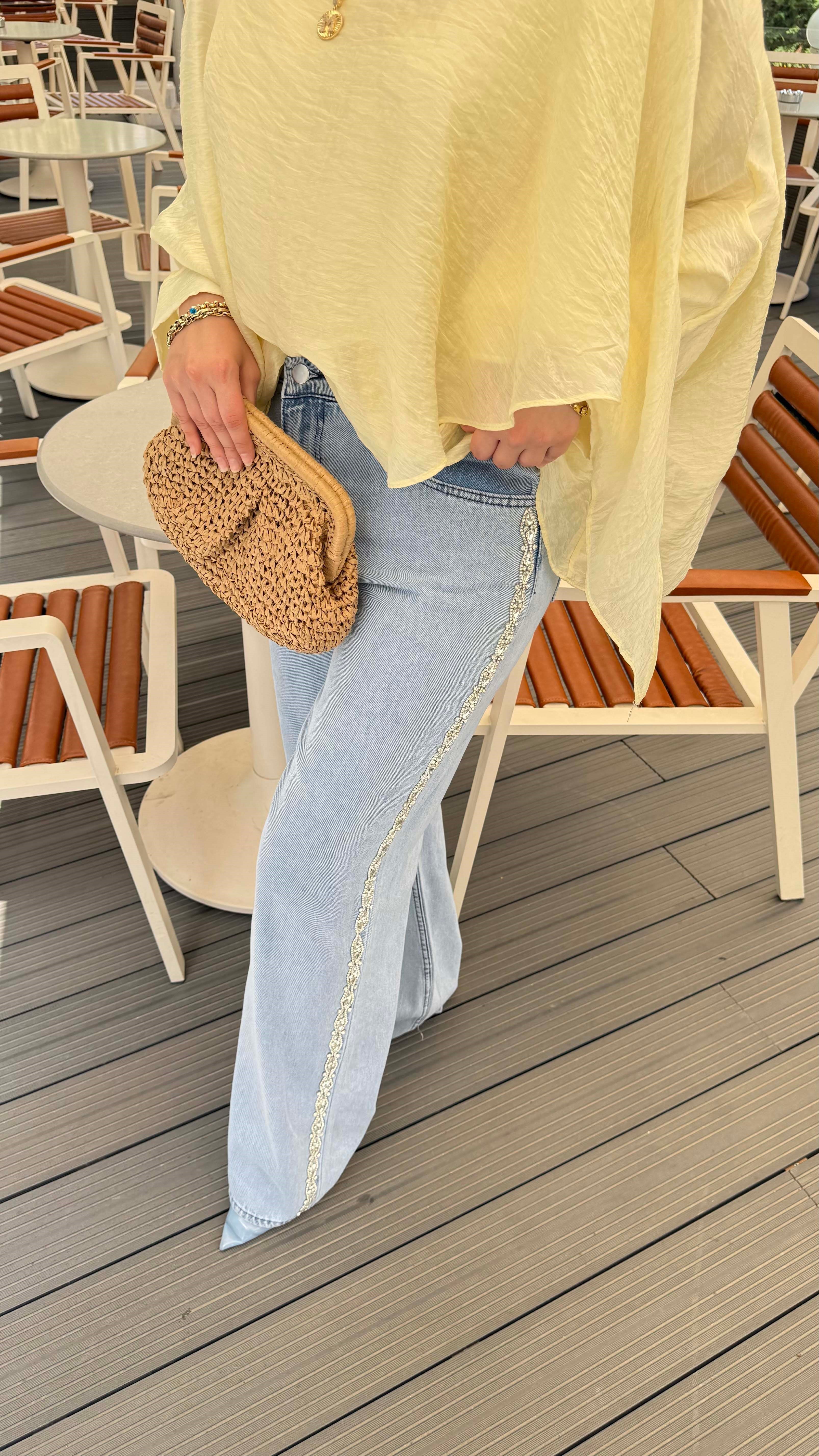 Yanı Taşlı Kot Pantolon Açık Mavi 8317