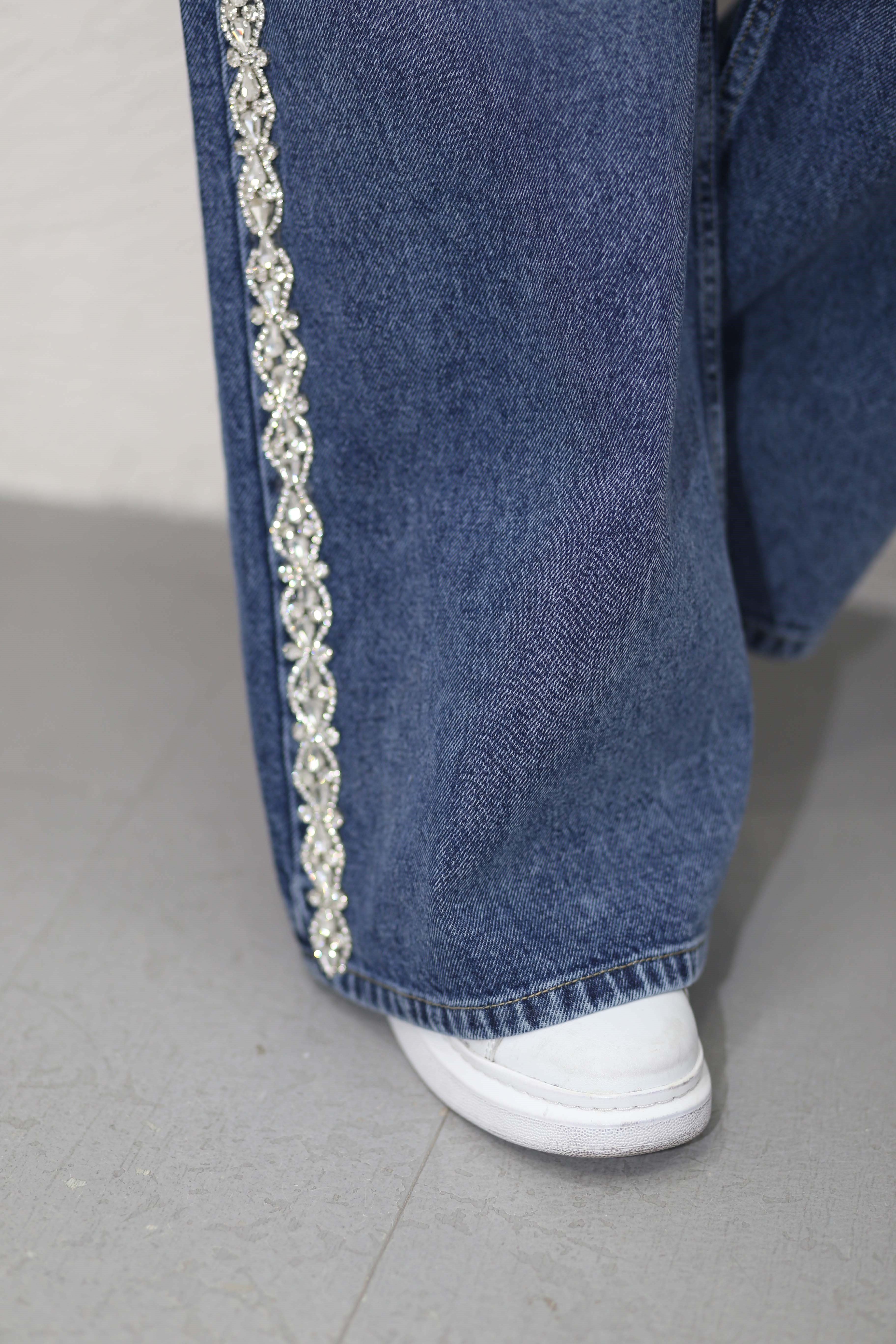 Yanı Taşlı Kot Pantolon Koyu Mavi 8317