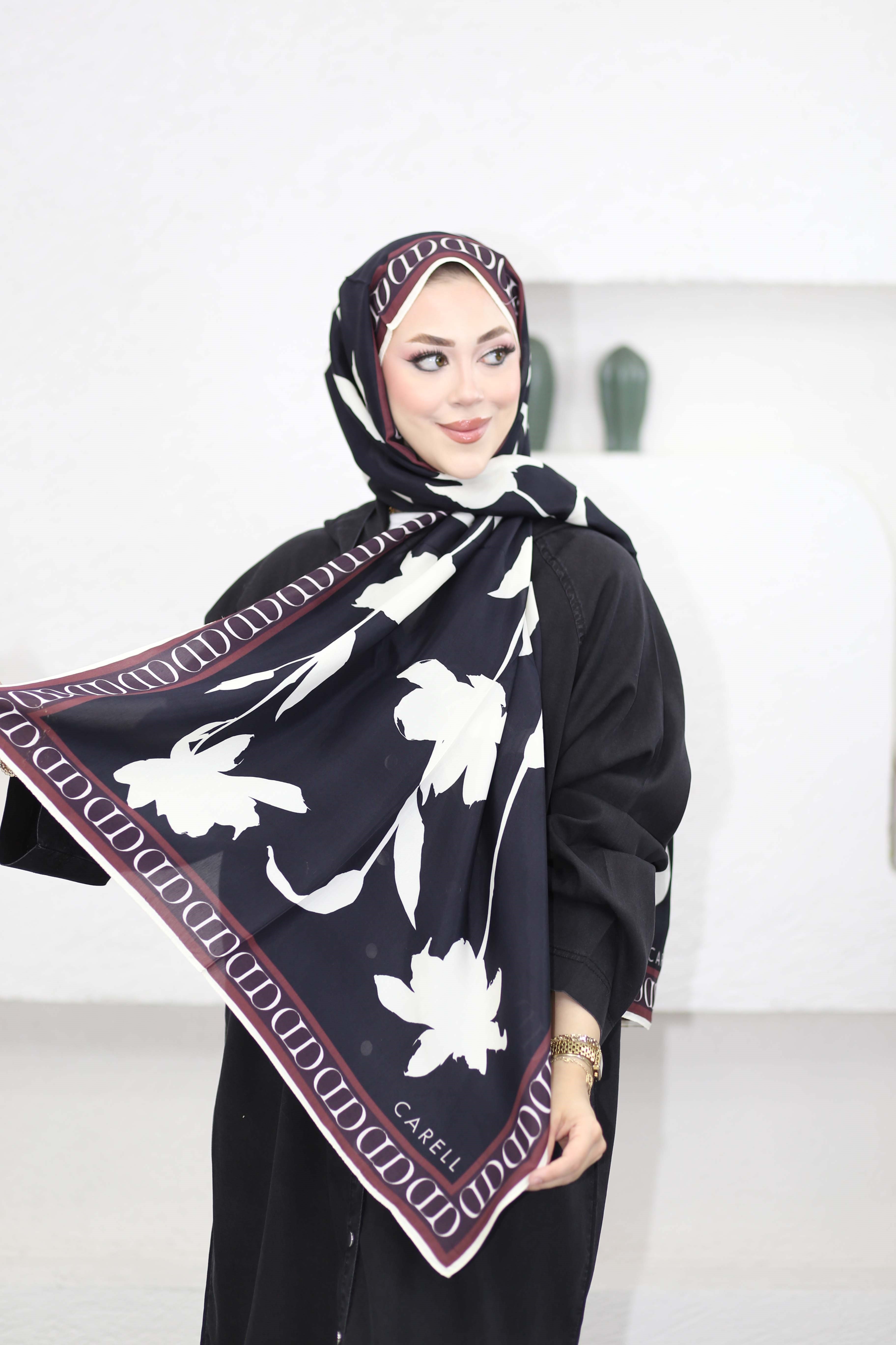 Azelina Monogram Floş Şal Siyah 9071