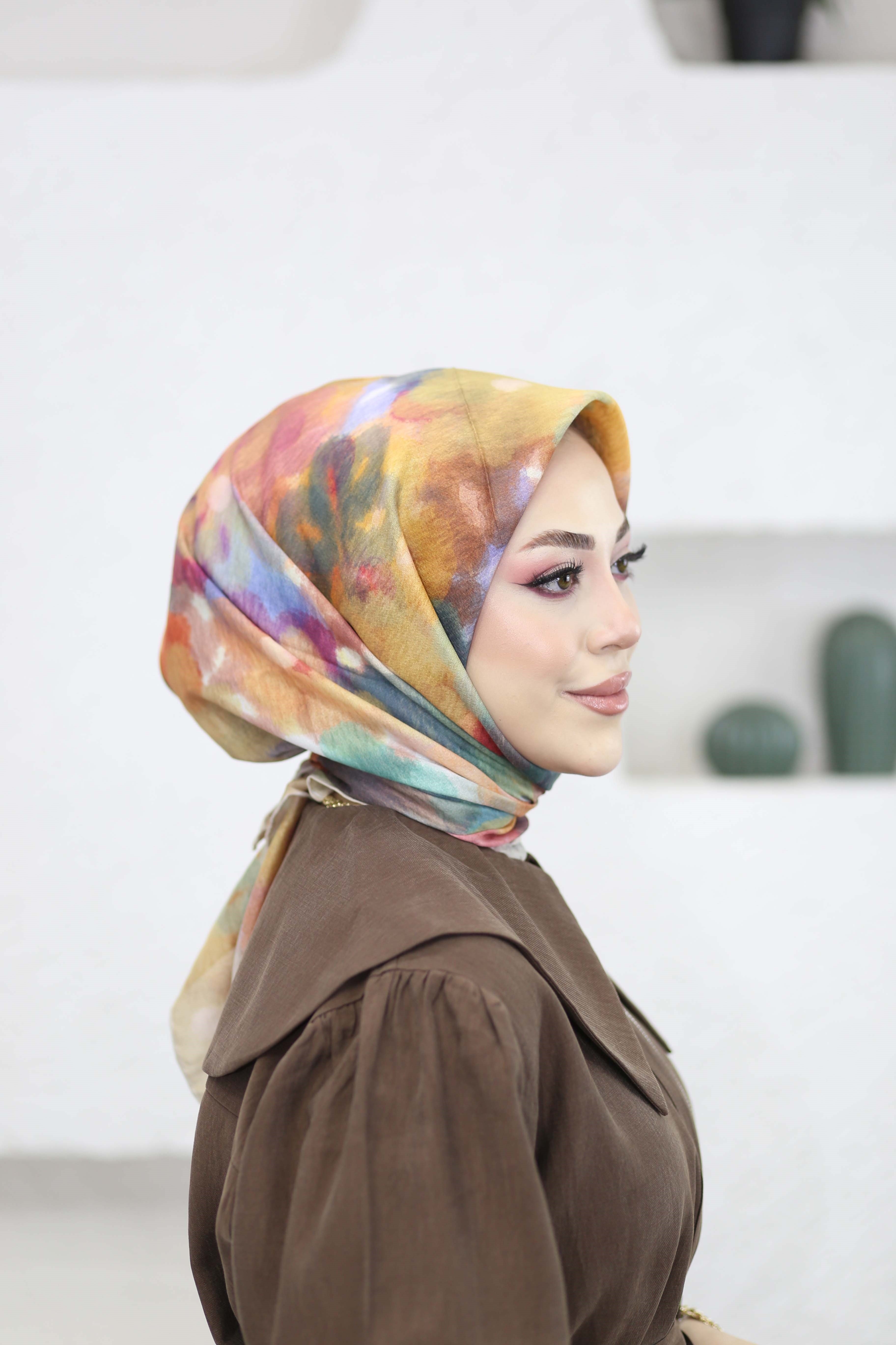 Çiçekli Ebruli Eşarp Bej 8251