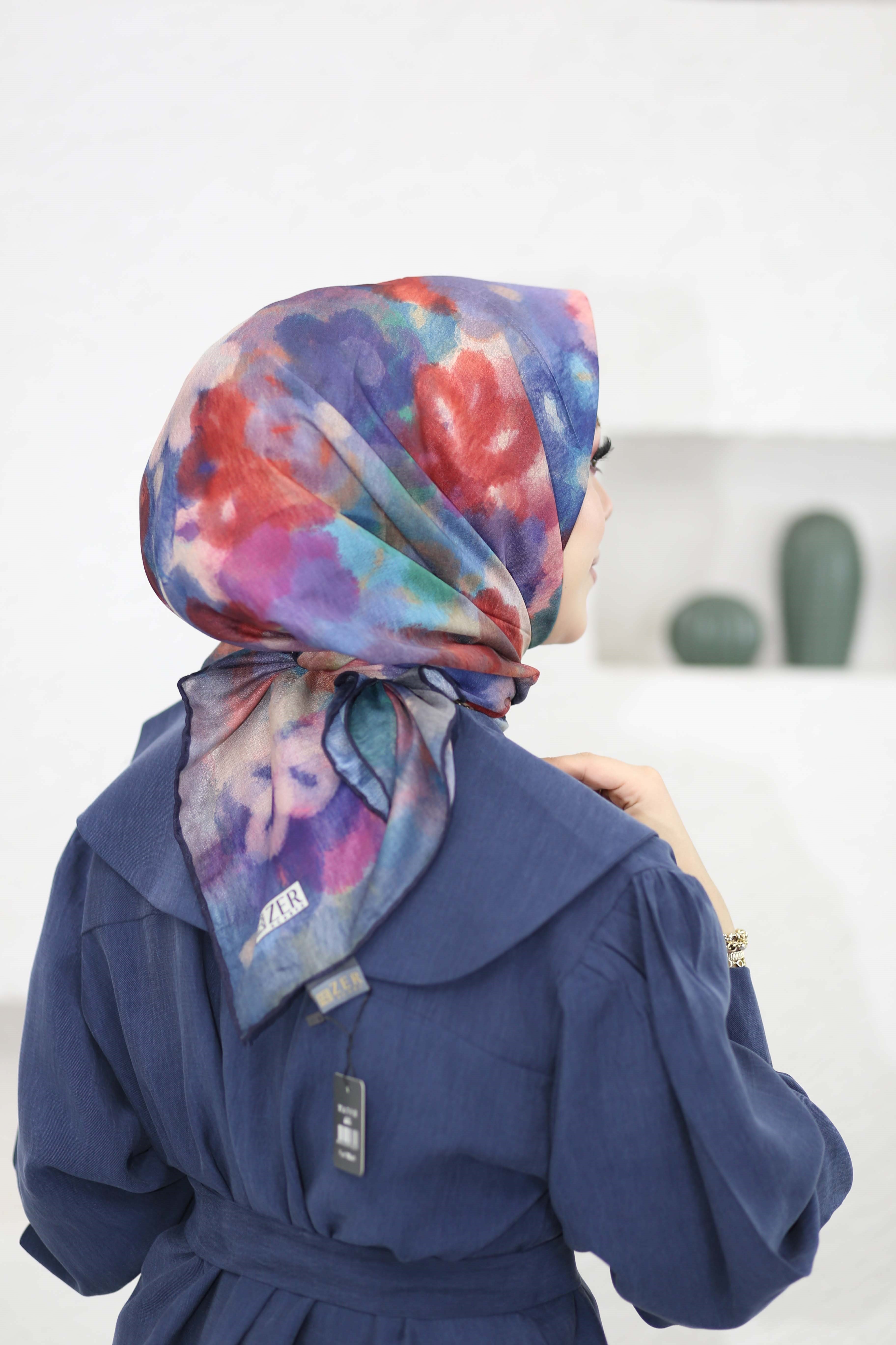 Çiçekli Ebruli Eşarp Lacivert 8251