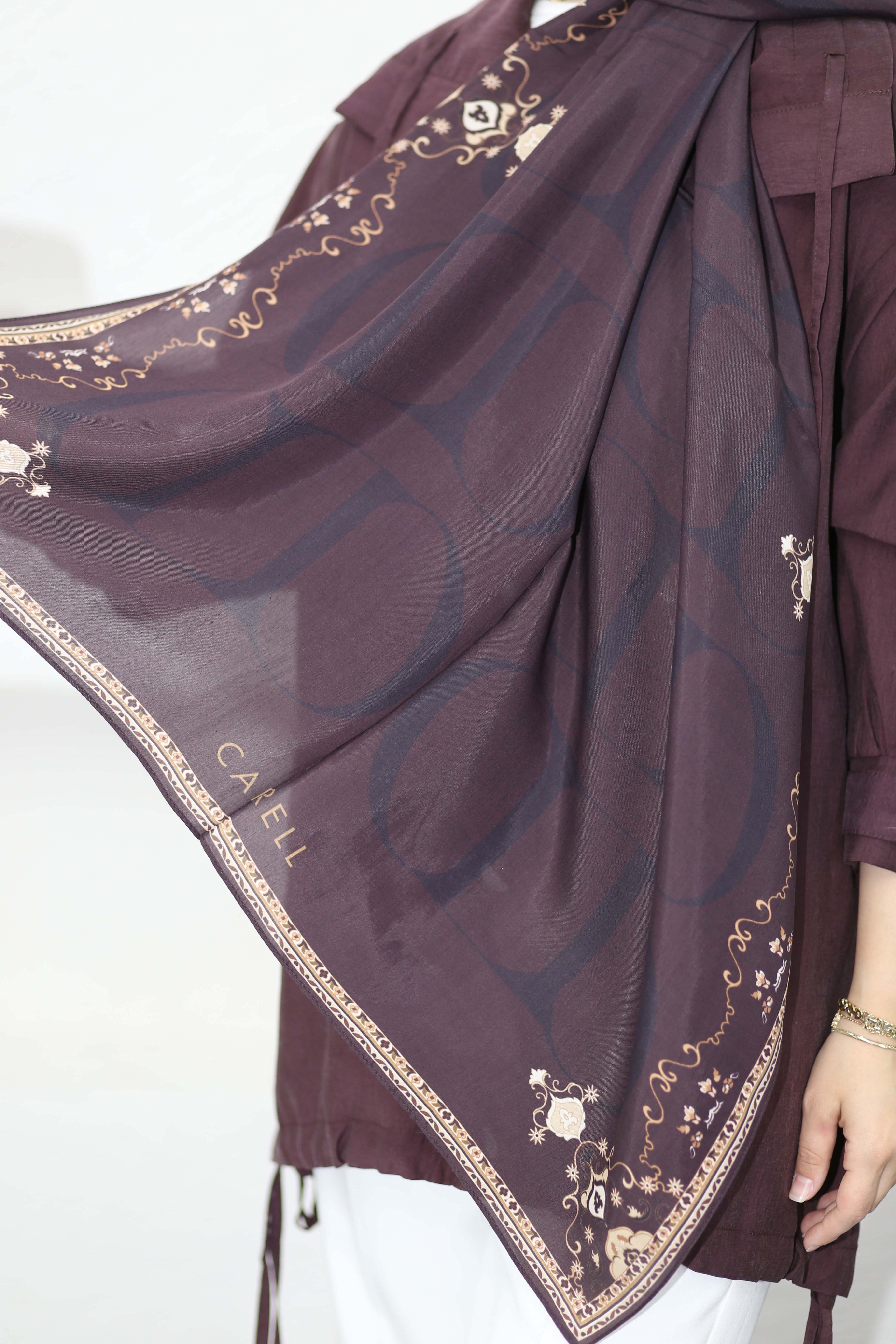Luxe Monogram Çiçekli  Floş Şal Kahverengi 7156