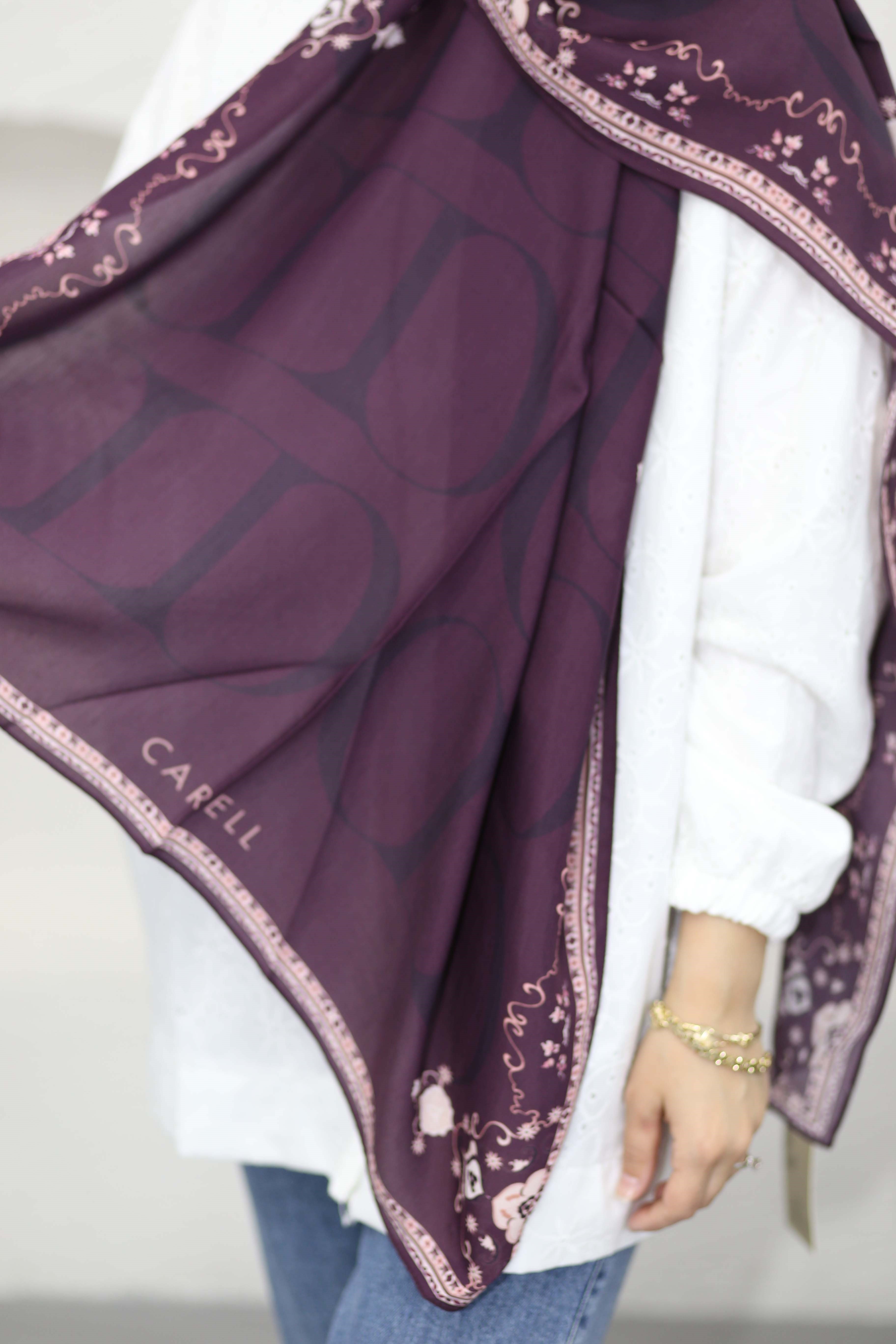 Luxe Monogram Çiçekli  Floş Şal Mürdüm 7156