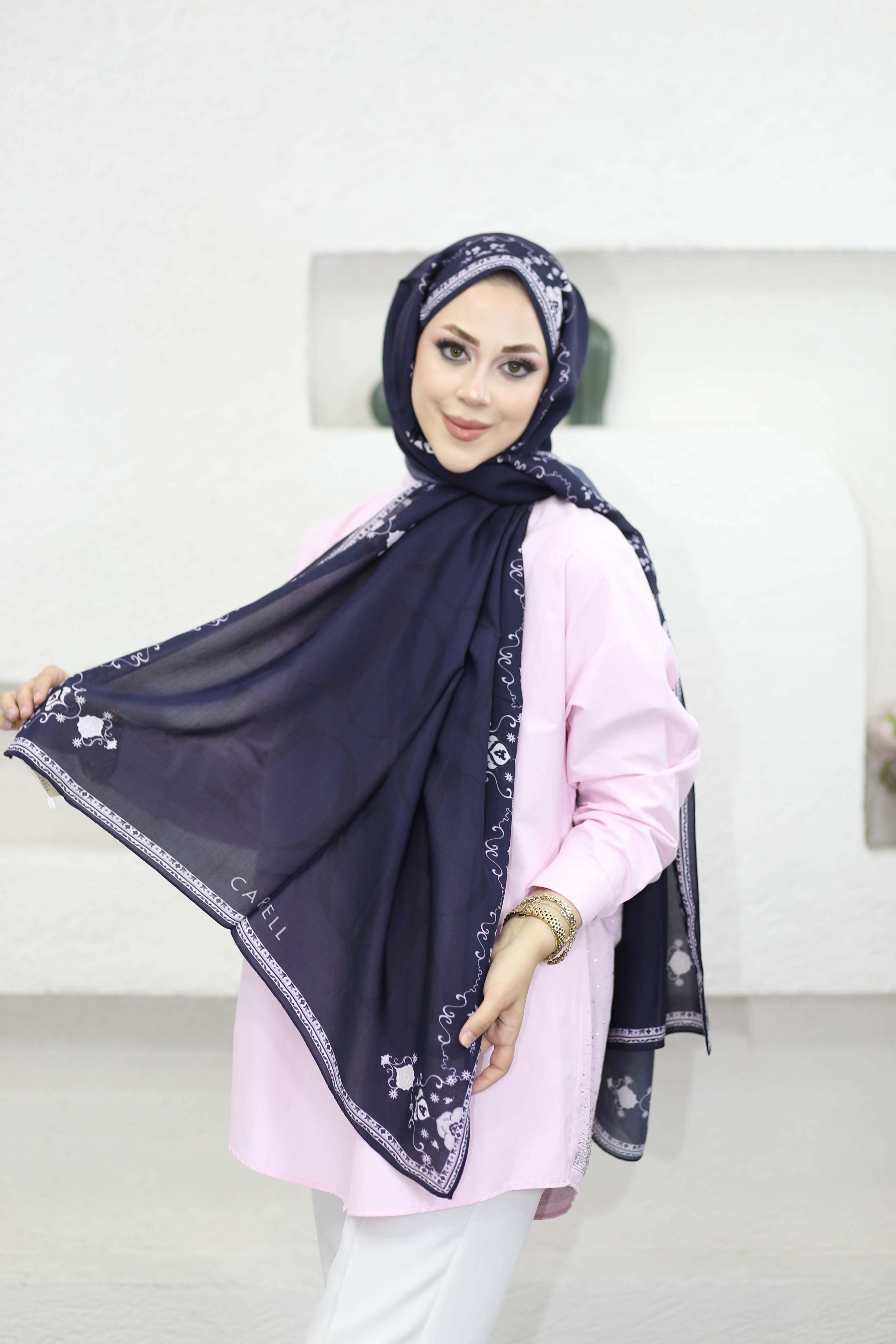 Luxe Monogram Çiçekli  Floş Şal Mor 7156