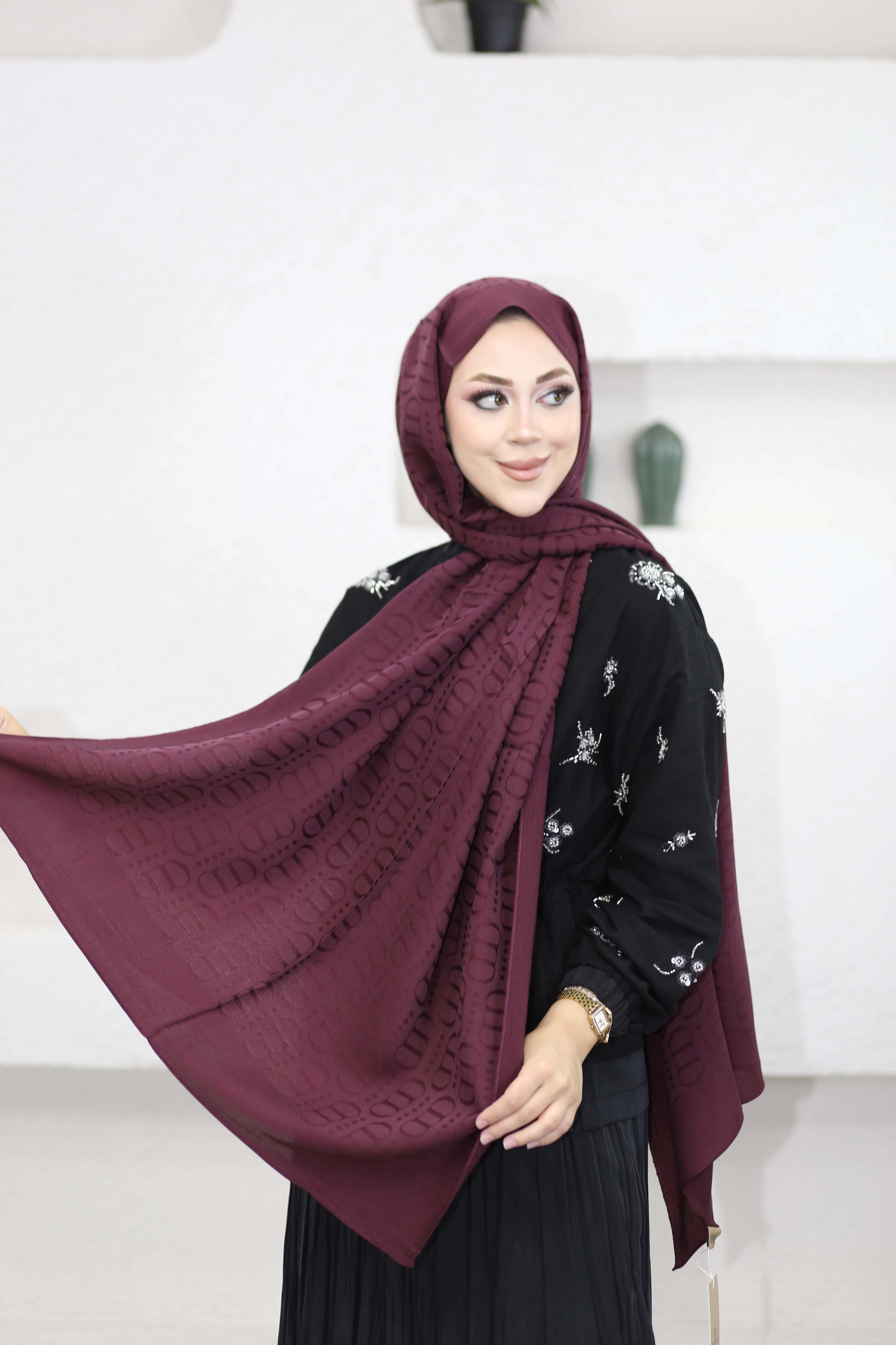 Luxe Desen Liora Pamuk Şal Bordo 2163