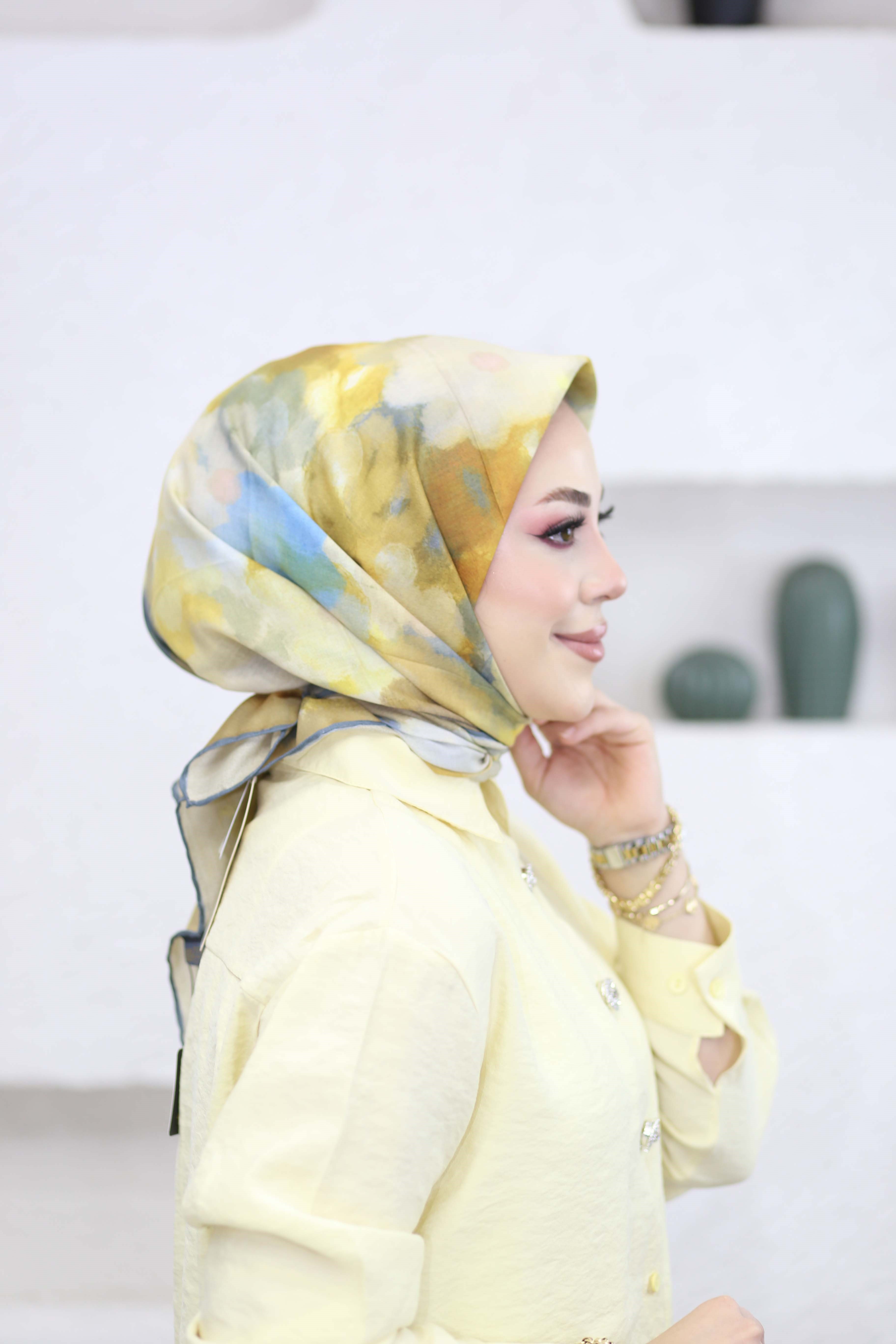 Çiçekli Ebruli Eşarp Hardal 8251