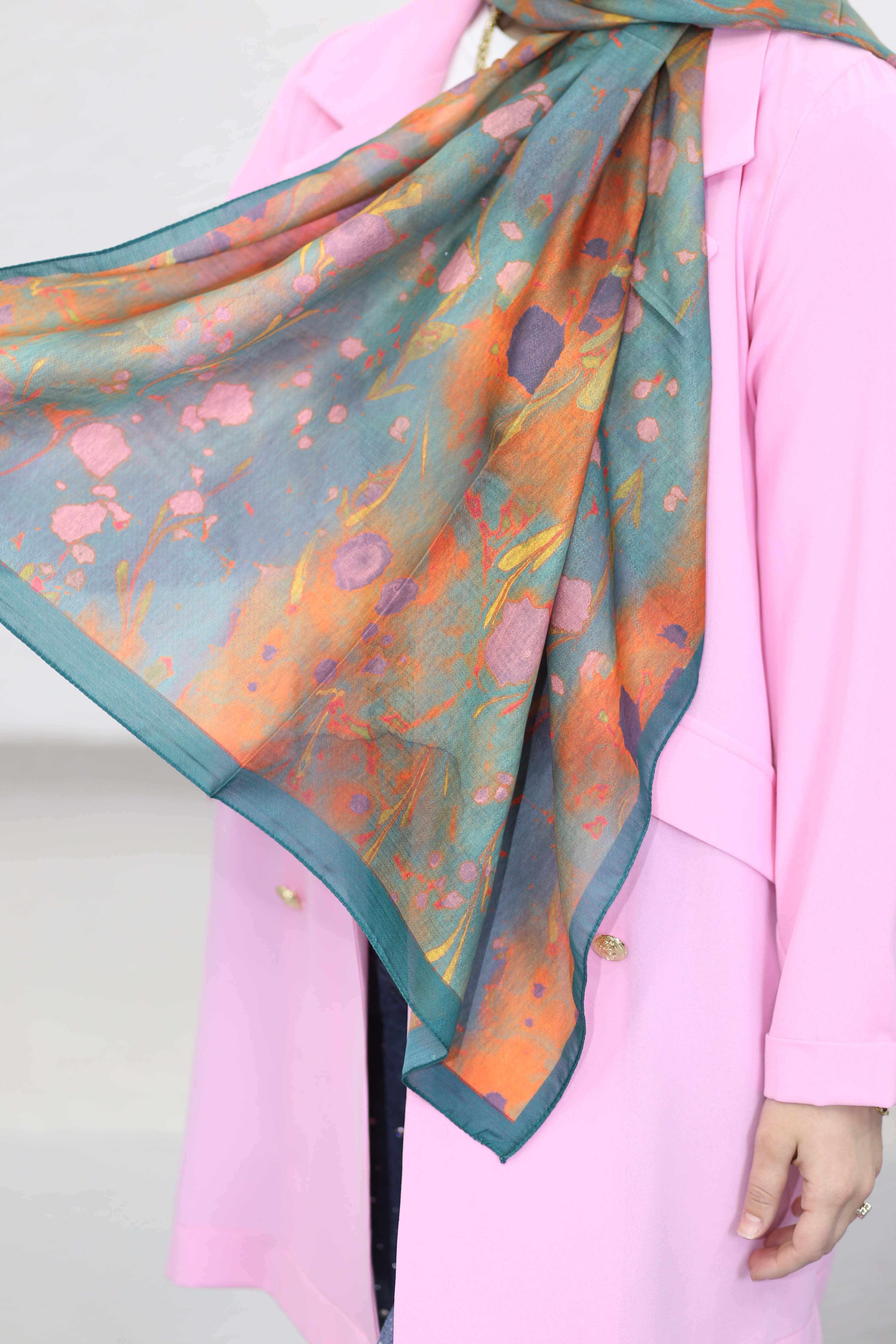 Ebruli Desen Şal Zümrüt Yeşili 6071