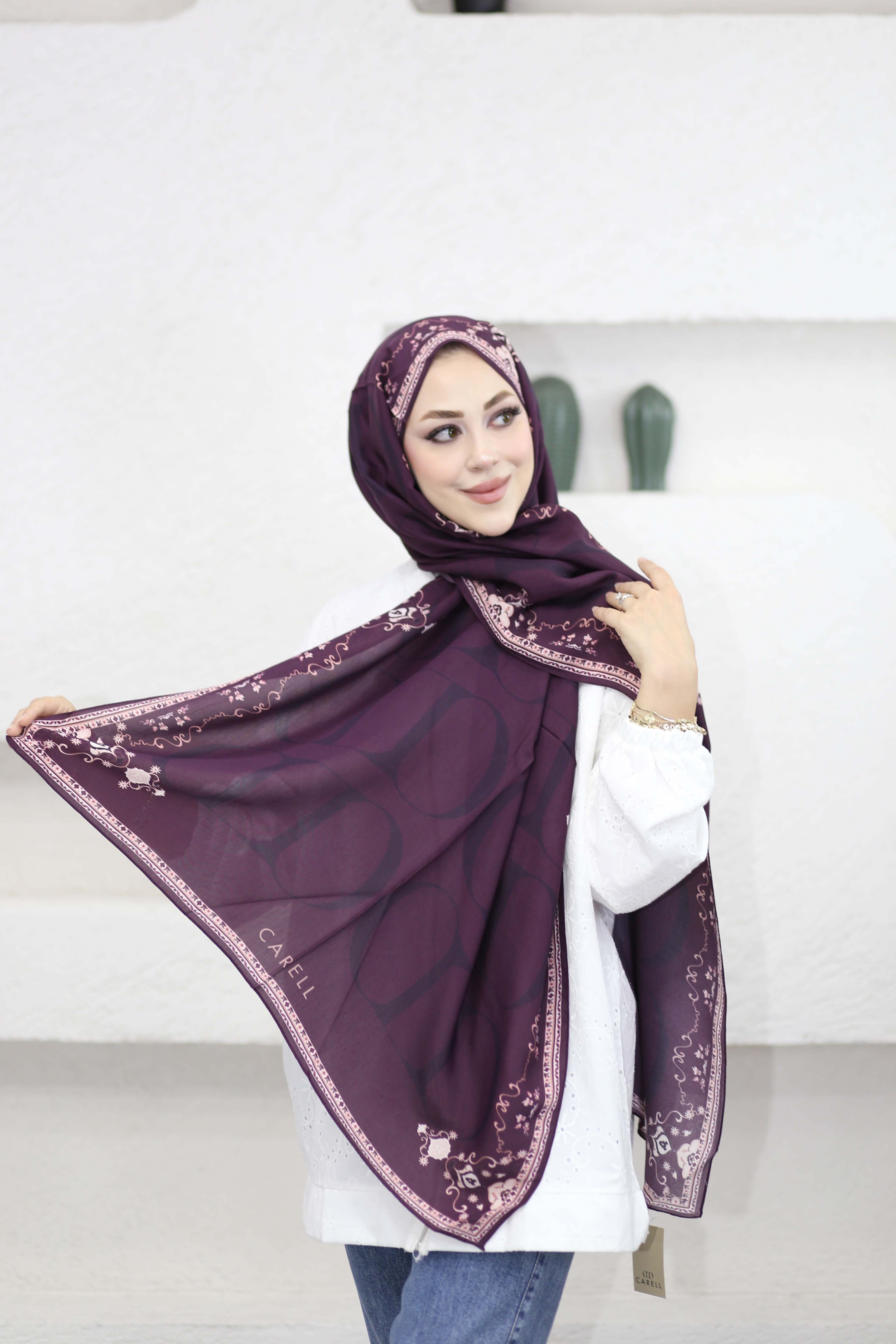 Luxe Monogram Çiçekli  Floş Şal Mürdüm 7156