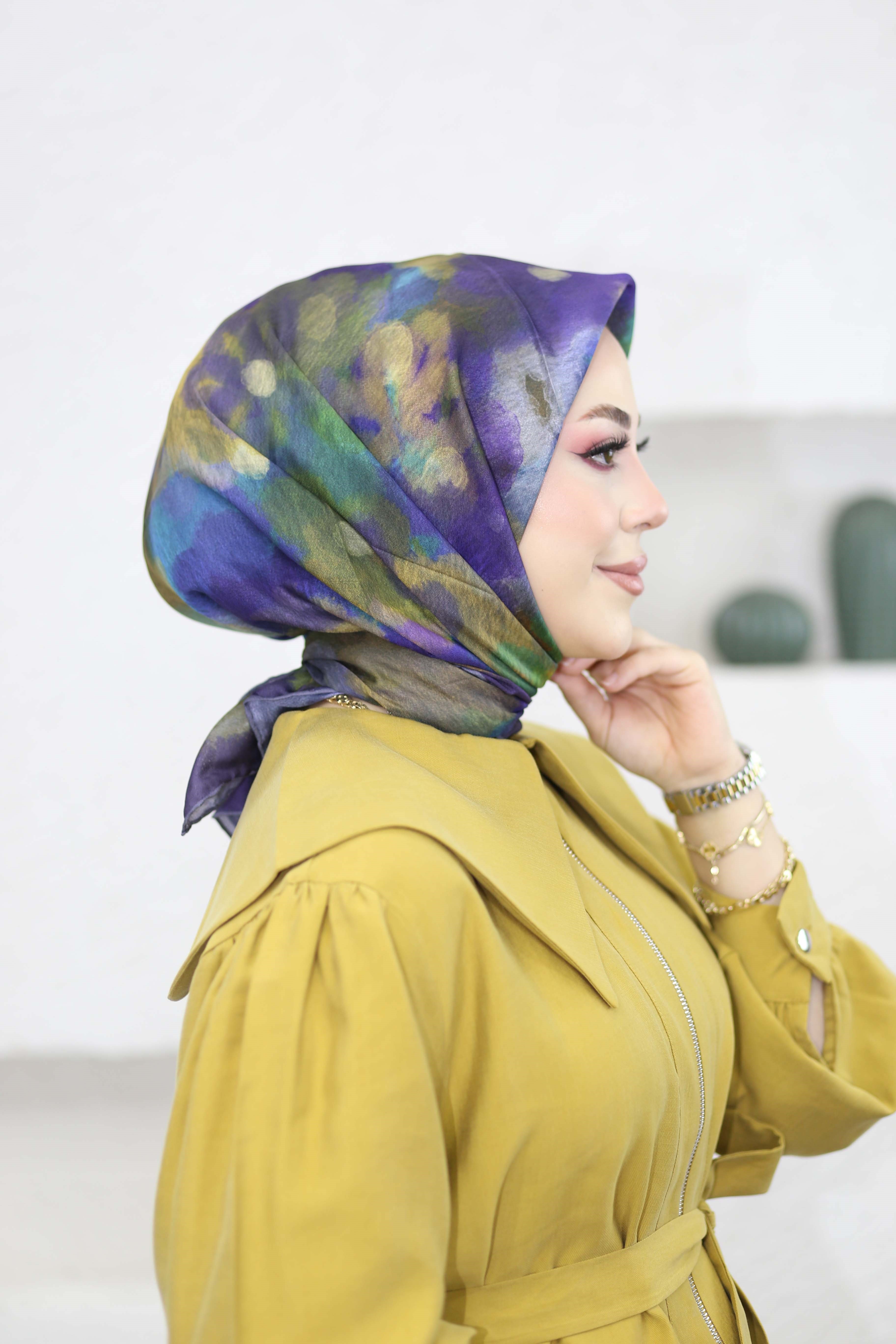 Çiçekli Ebruli Eşarp Mor 8251