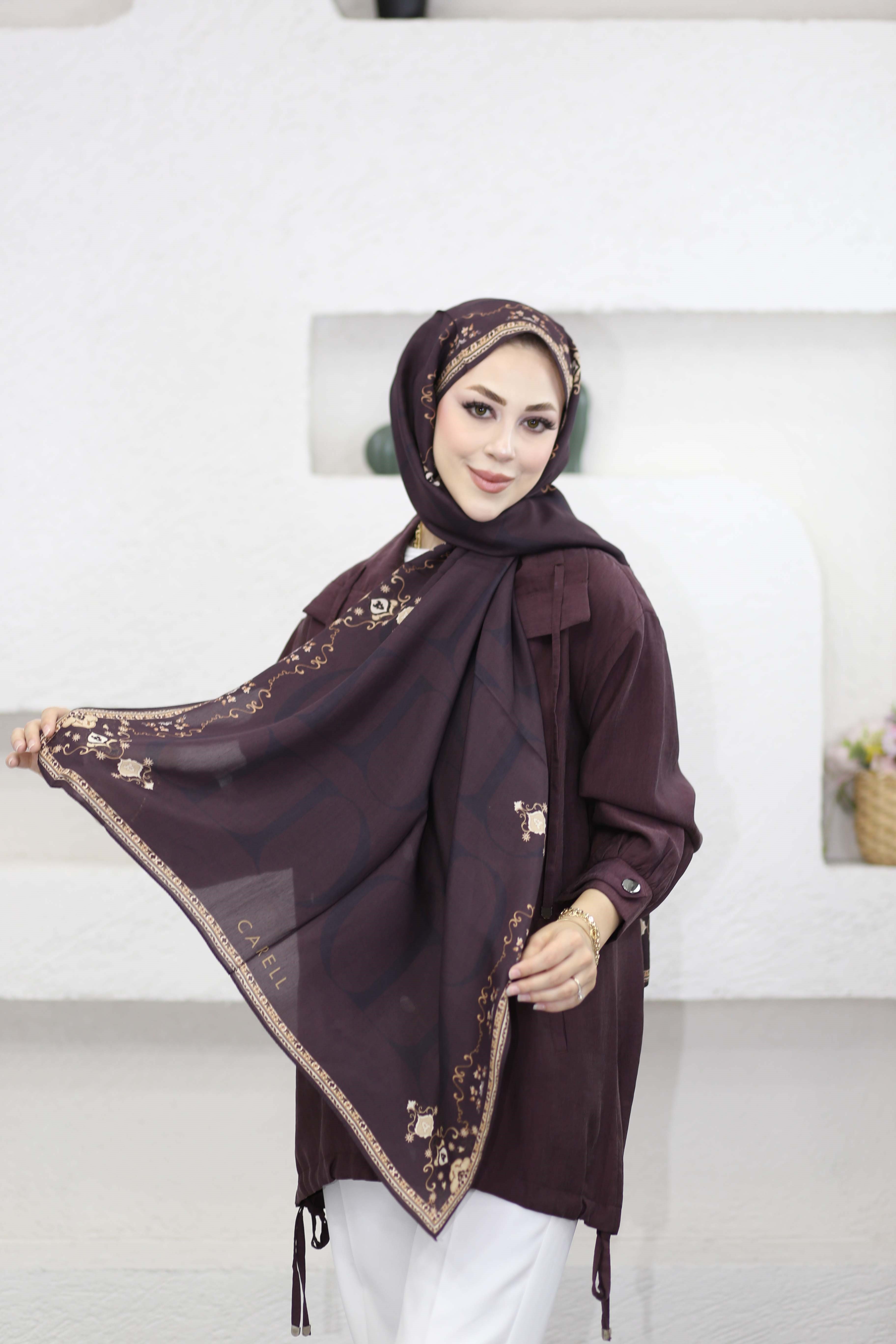 Luxe Monogram Çiçekli  Floş Şal Kahverengi 7156