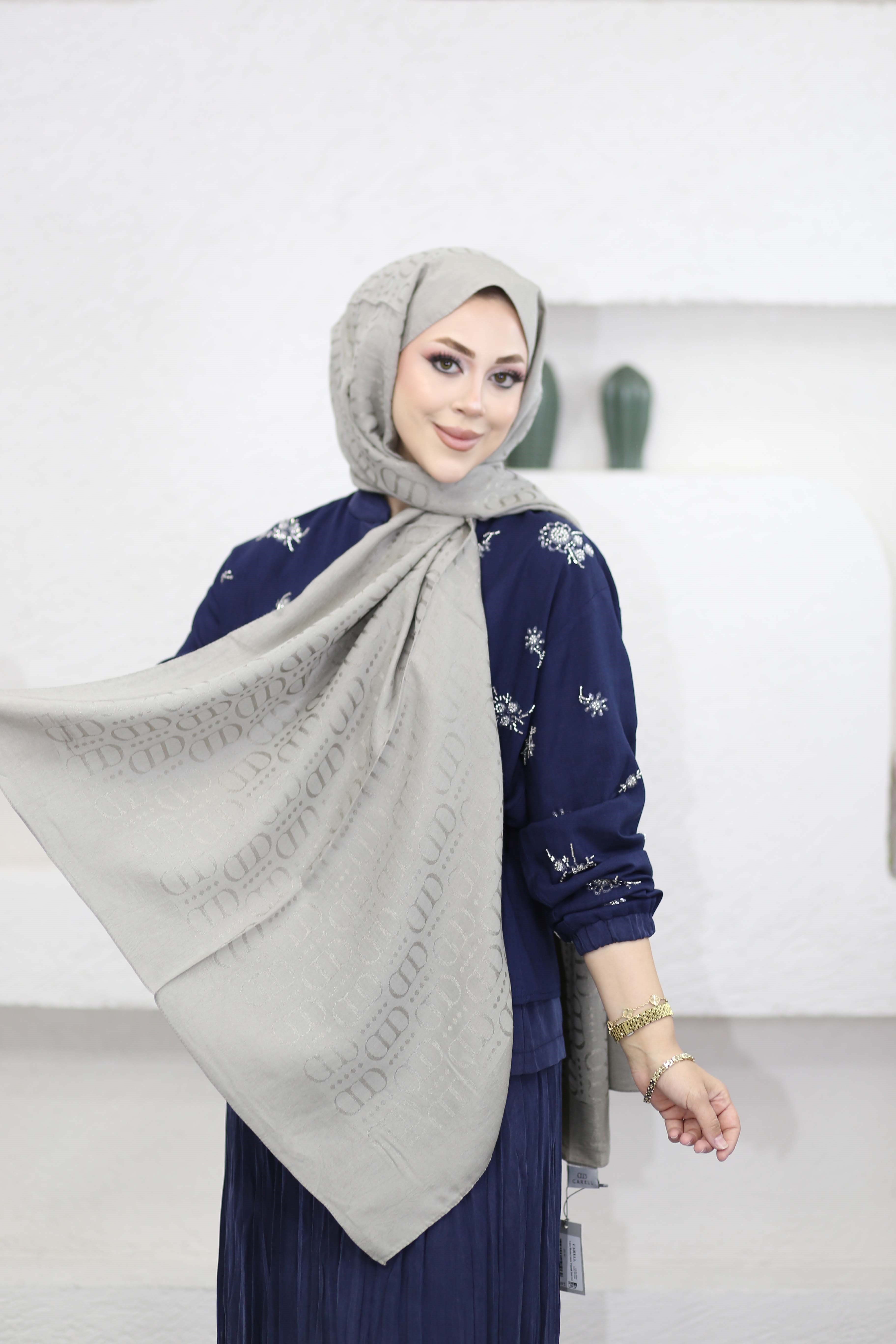 Luxe Desen Liora Pamuk Şal Gri 2163