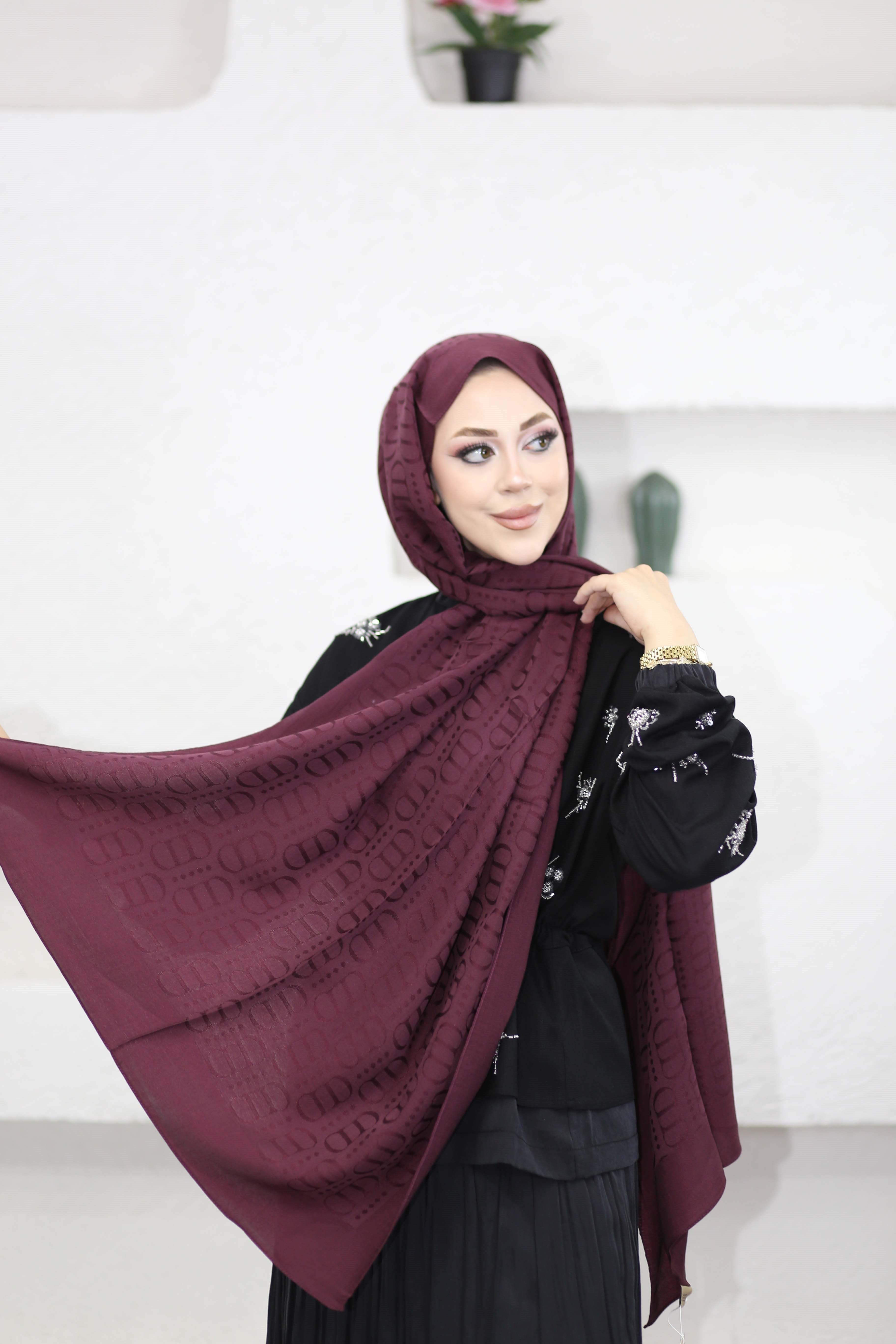 Luxe Desen Liora Pamuk Şal Bordo 2163