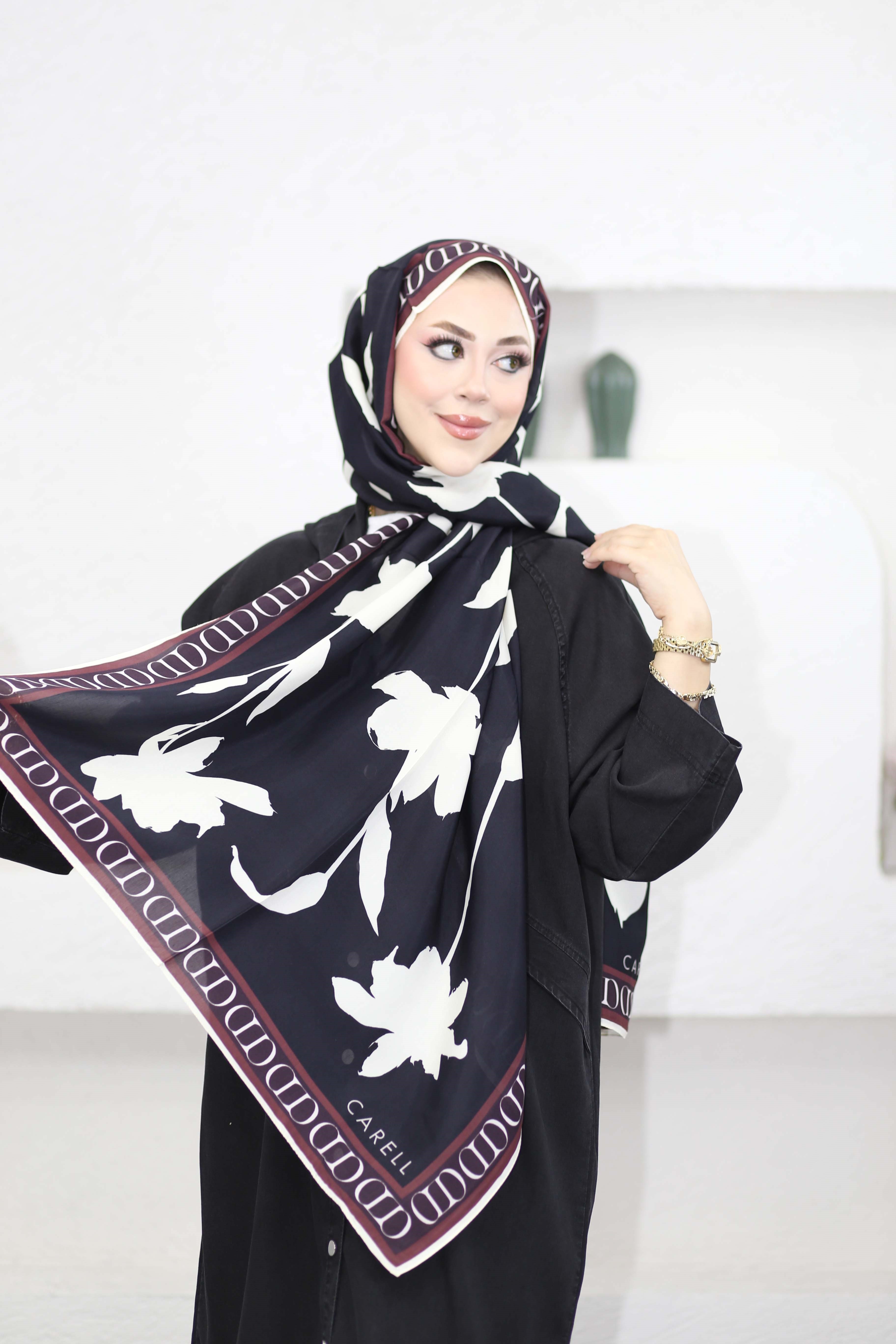 Azelina Monogram Floş Şal Siyah 9071