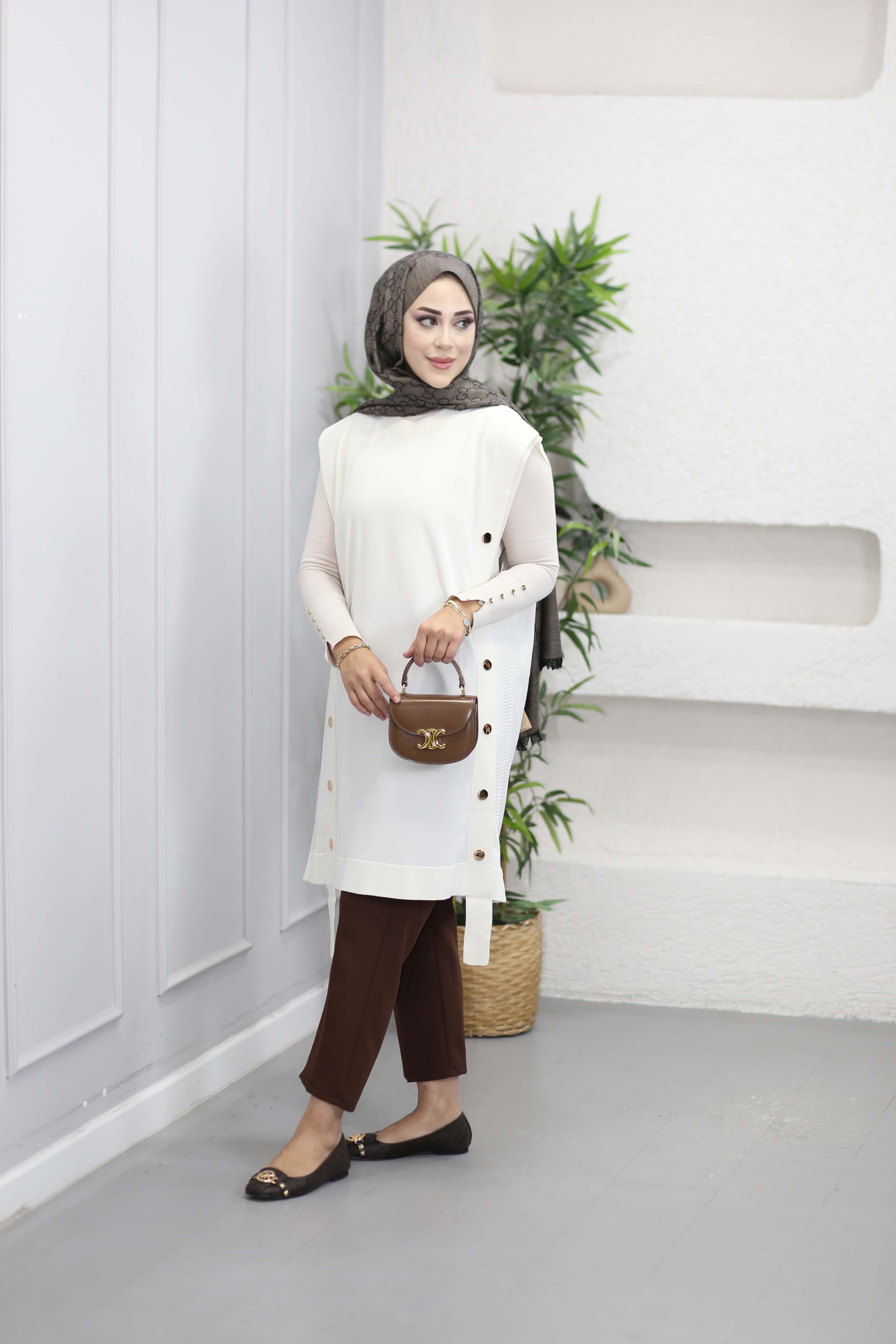 Çıtçıtlı Uzun Süveter Ekru 140371