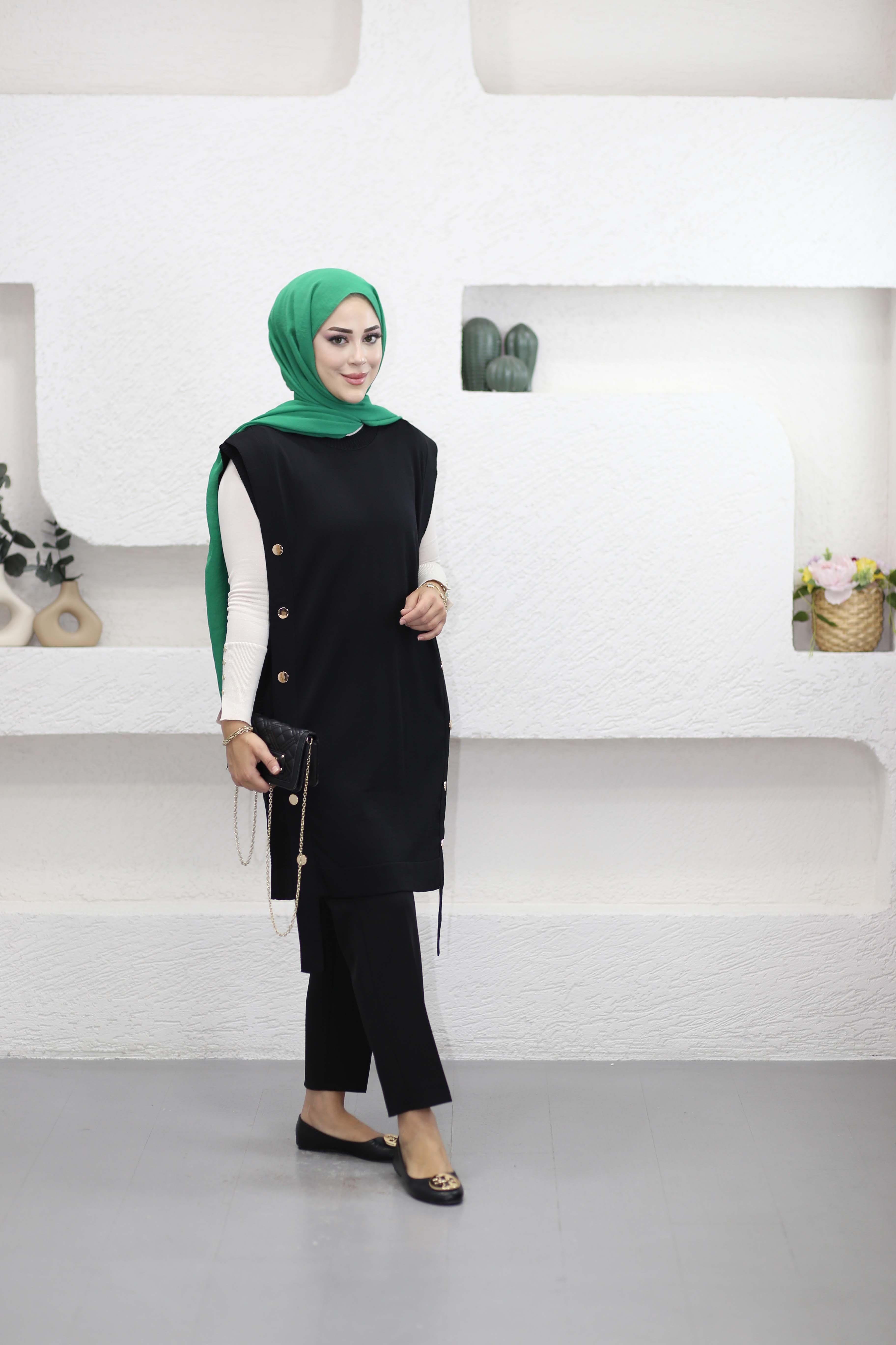 Çıtçıtlı Uzun Süveter Siyah 140371