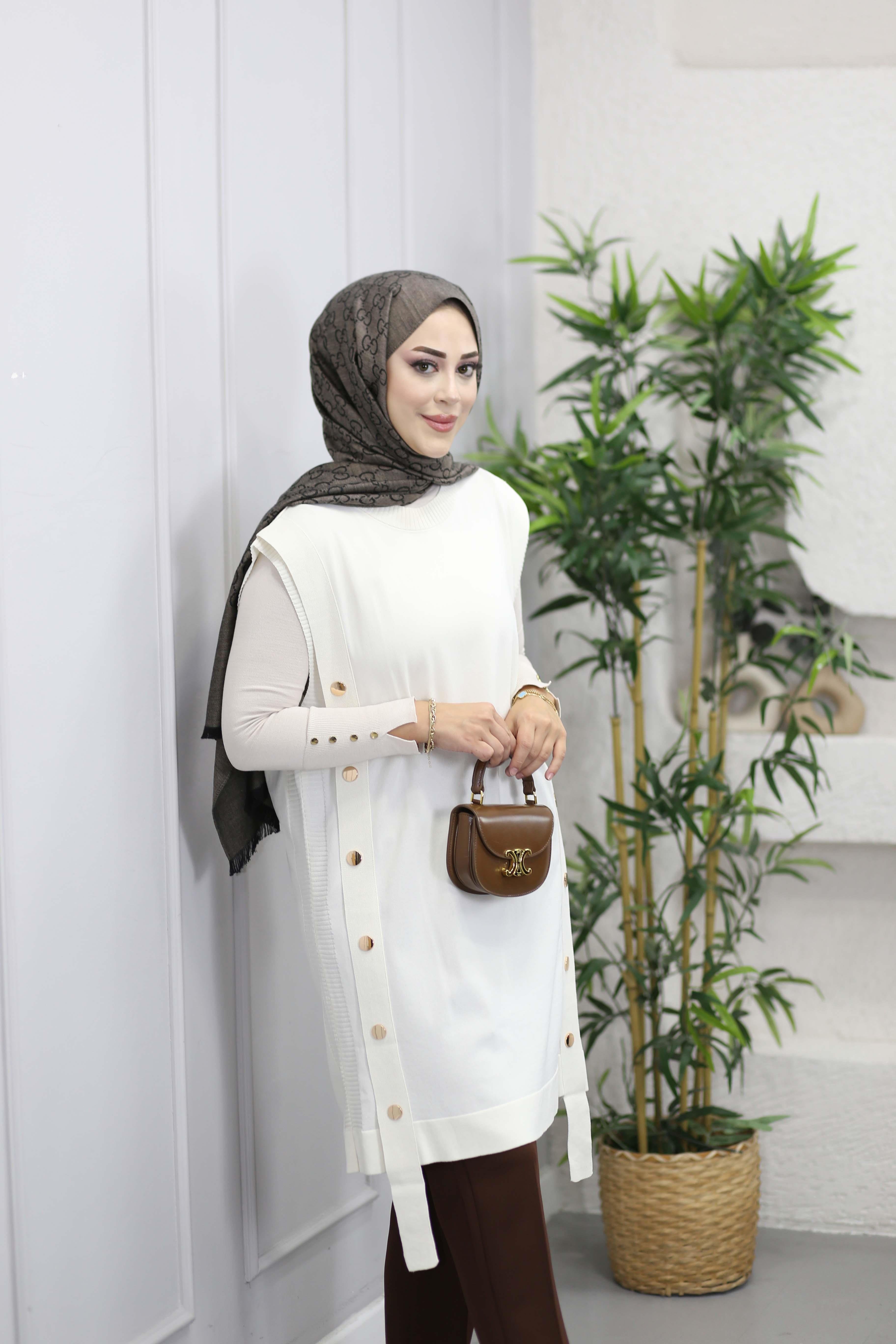 Çıtçıtlı Uzun Süveter Ekru 140371