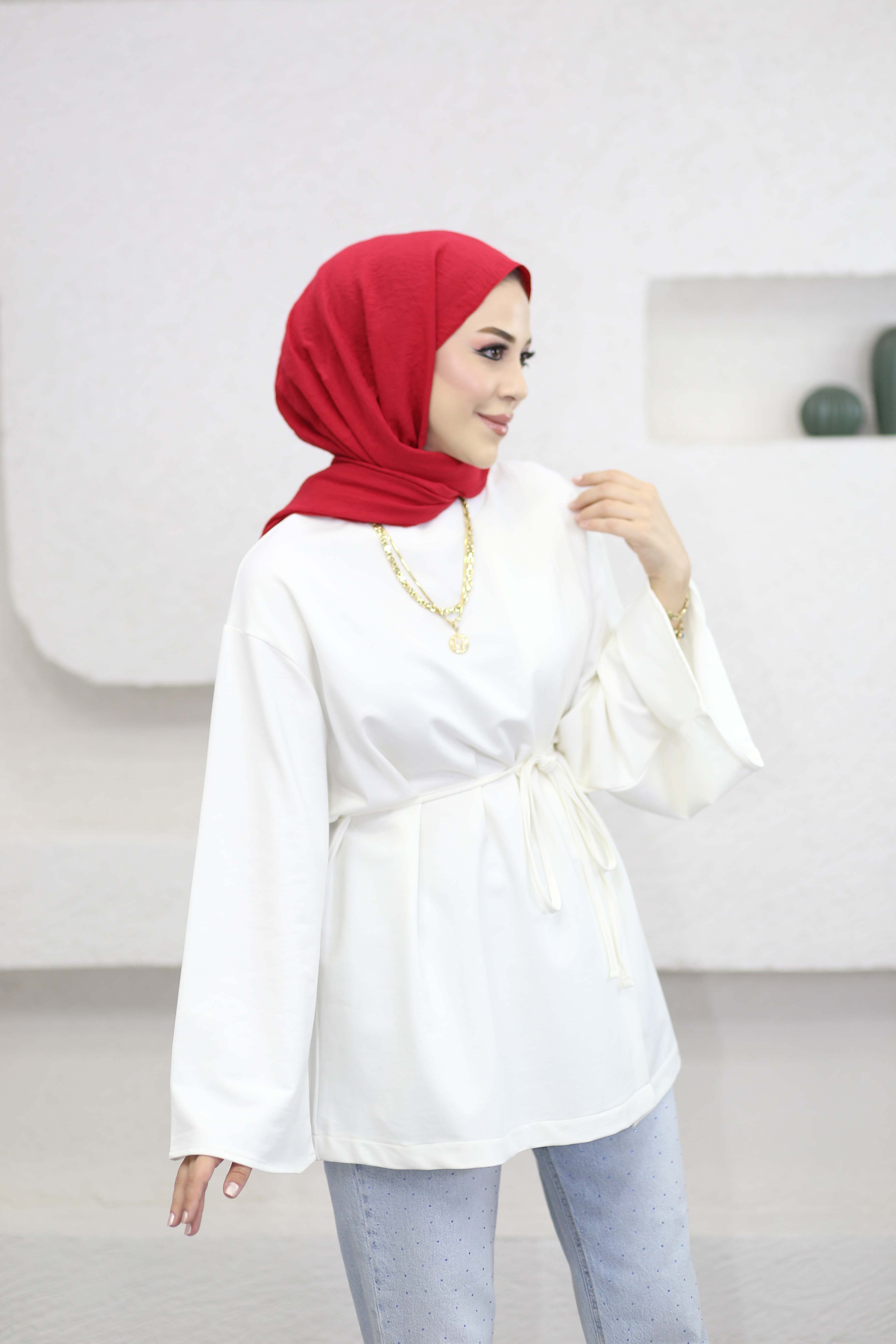 Asimetrik Kesim Bel Bağlamalı Tunik Beyaz 3550
