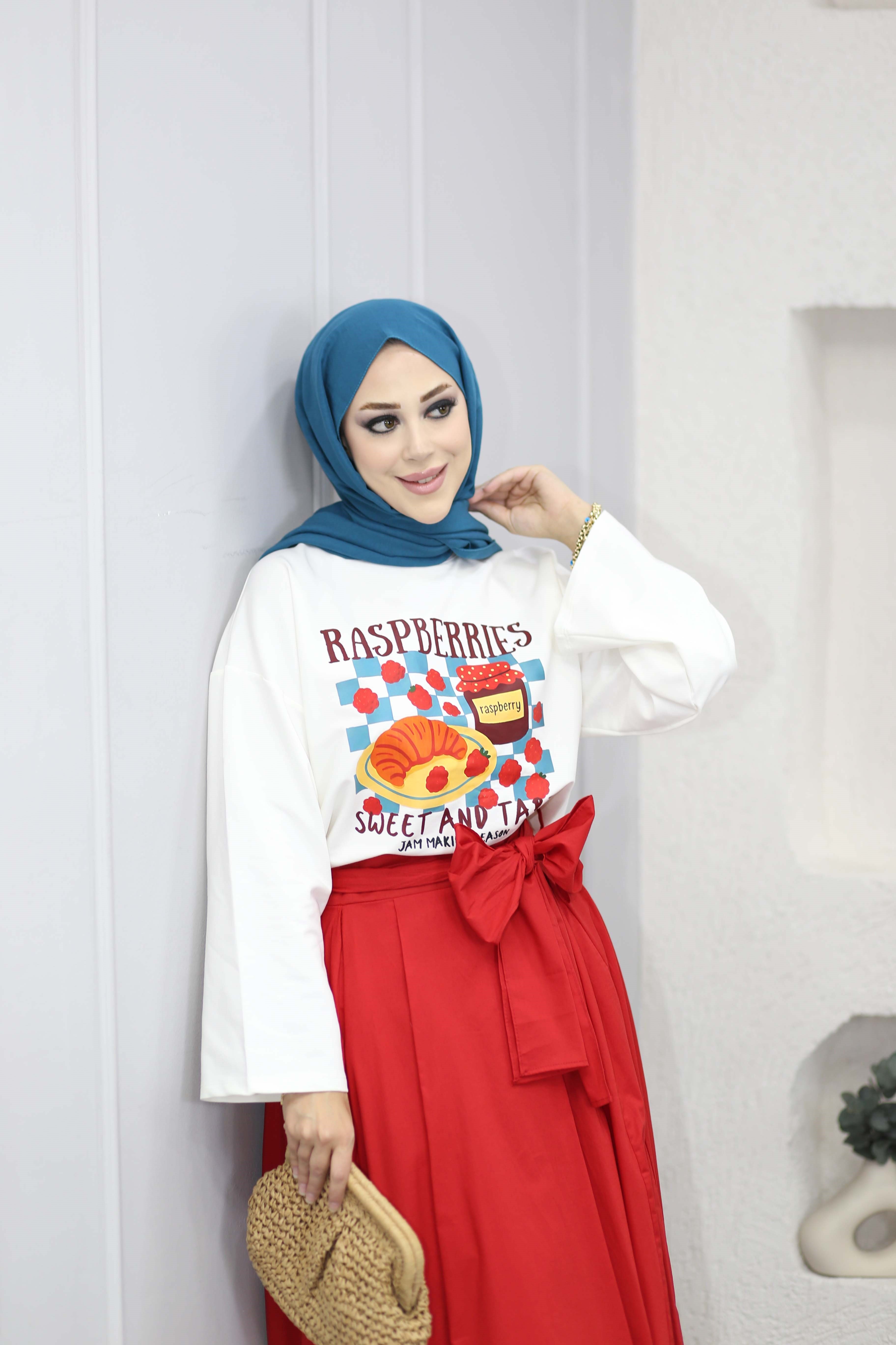 Oversize Baskılı Tişört Kırmızı 2792