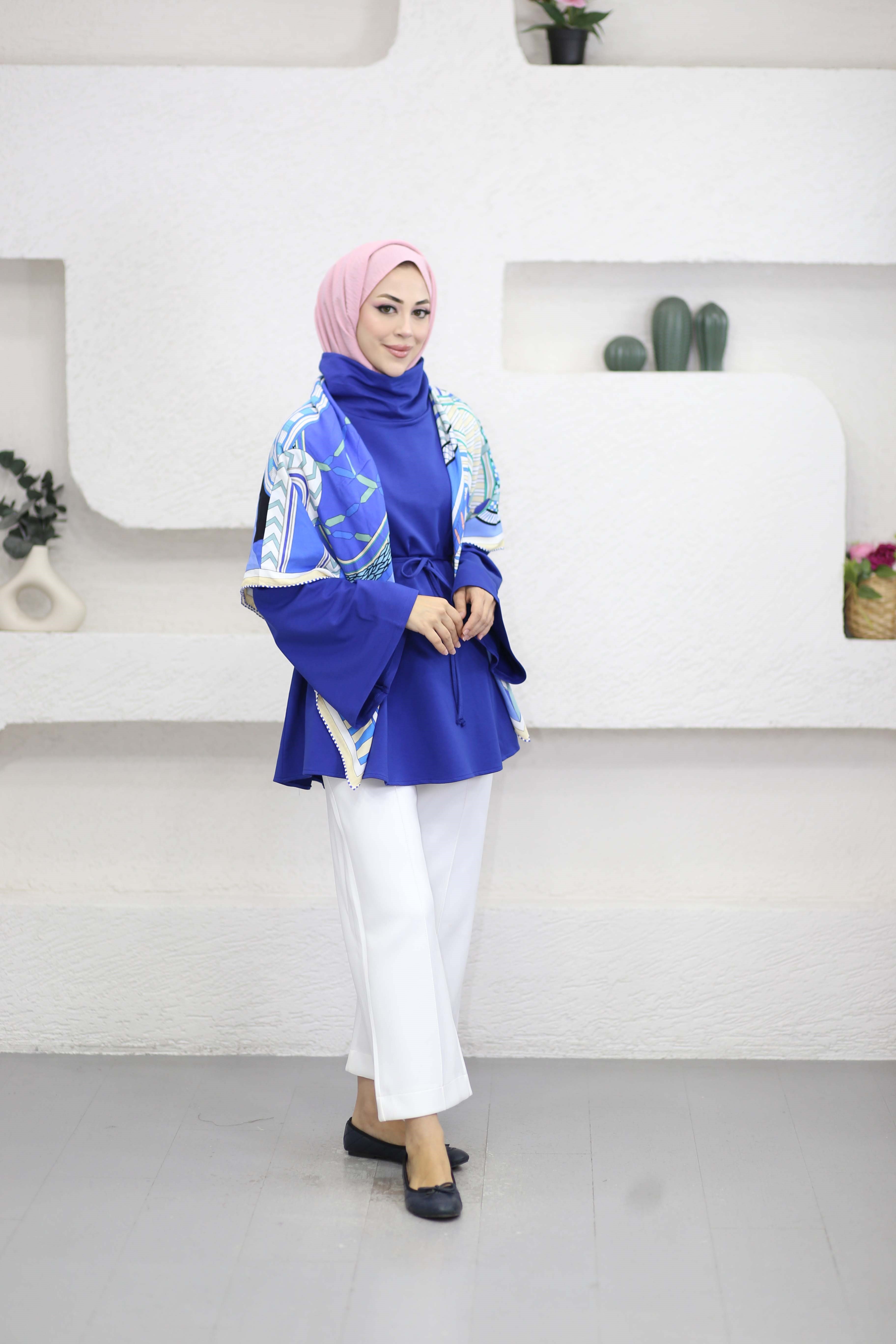Bel Bağlamalı Dik Yaka Tunik Saks 3540
