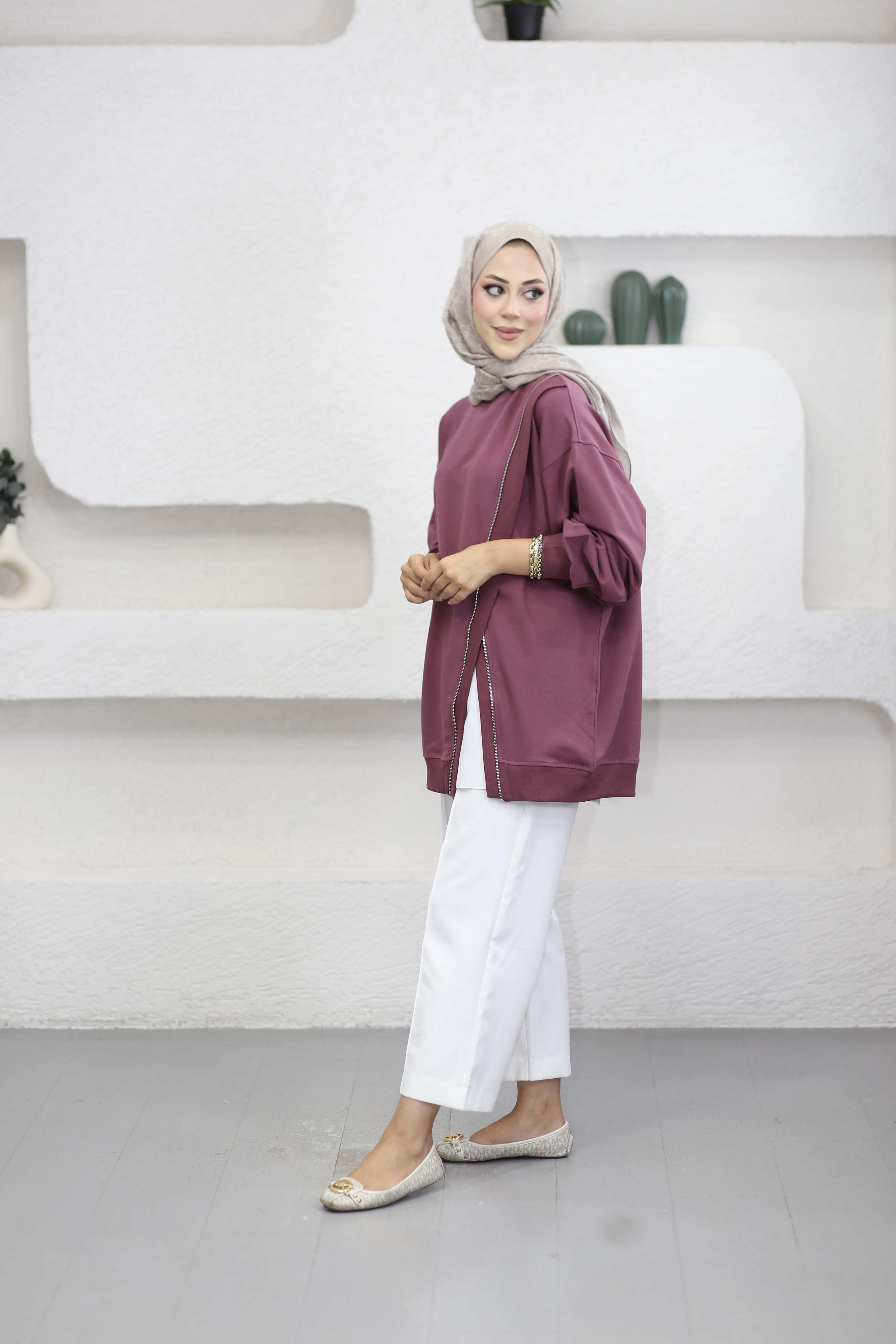Çapraz Fermuarlı Sweat Mürdüm 10771