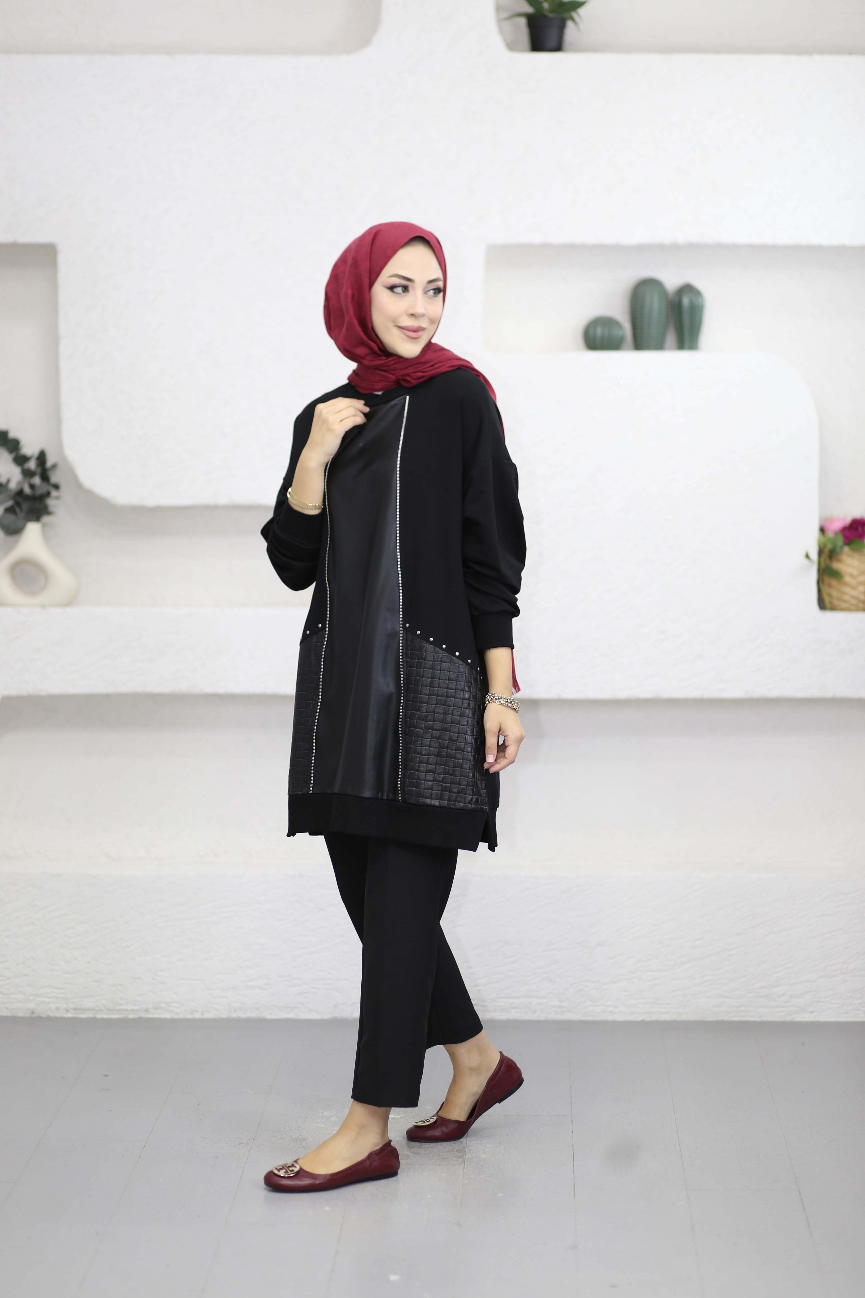 Deri Detaylı Tunik Siyah 10809