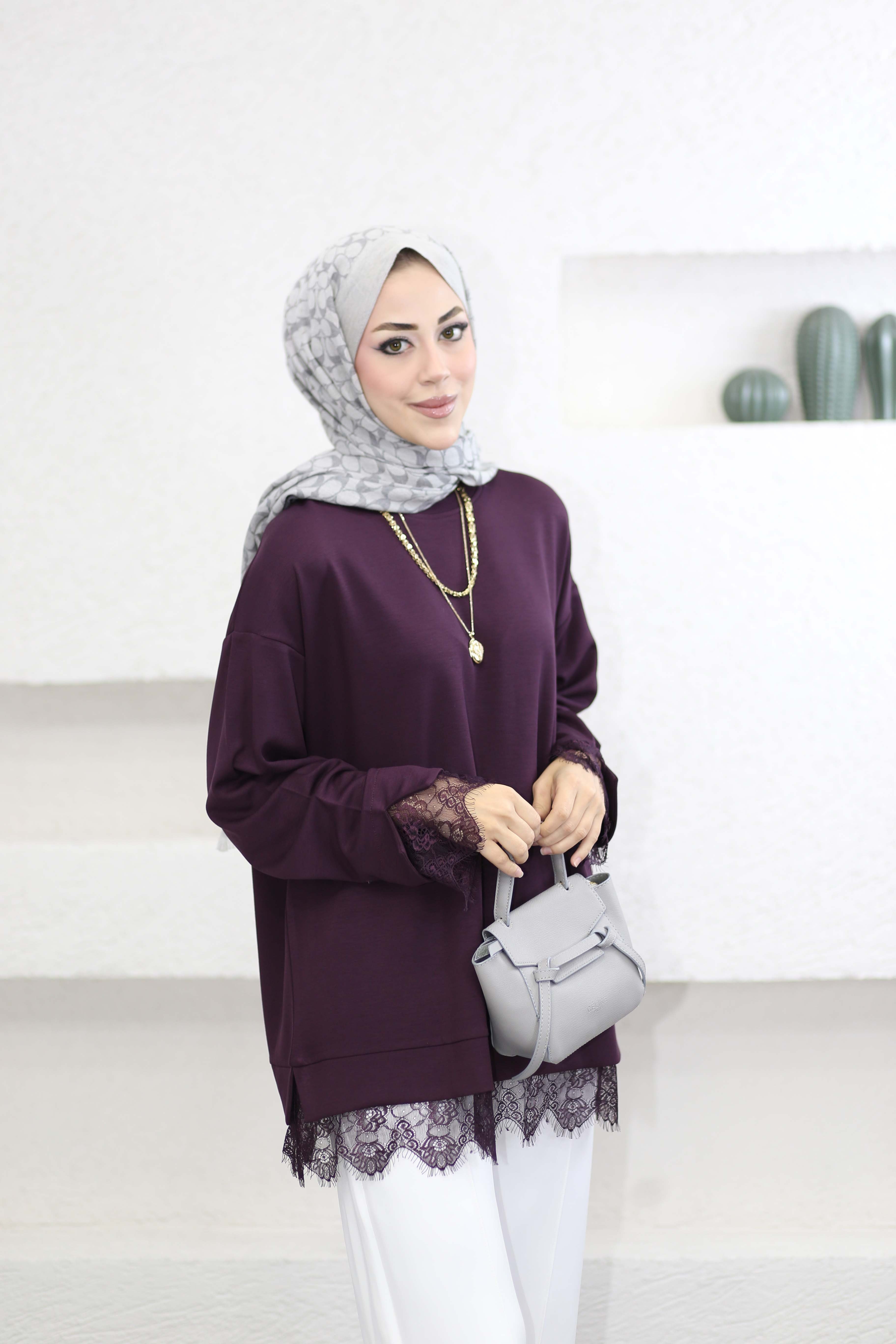 Dantel Detay Yıldız Sweat Bordo 6746