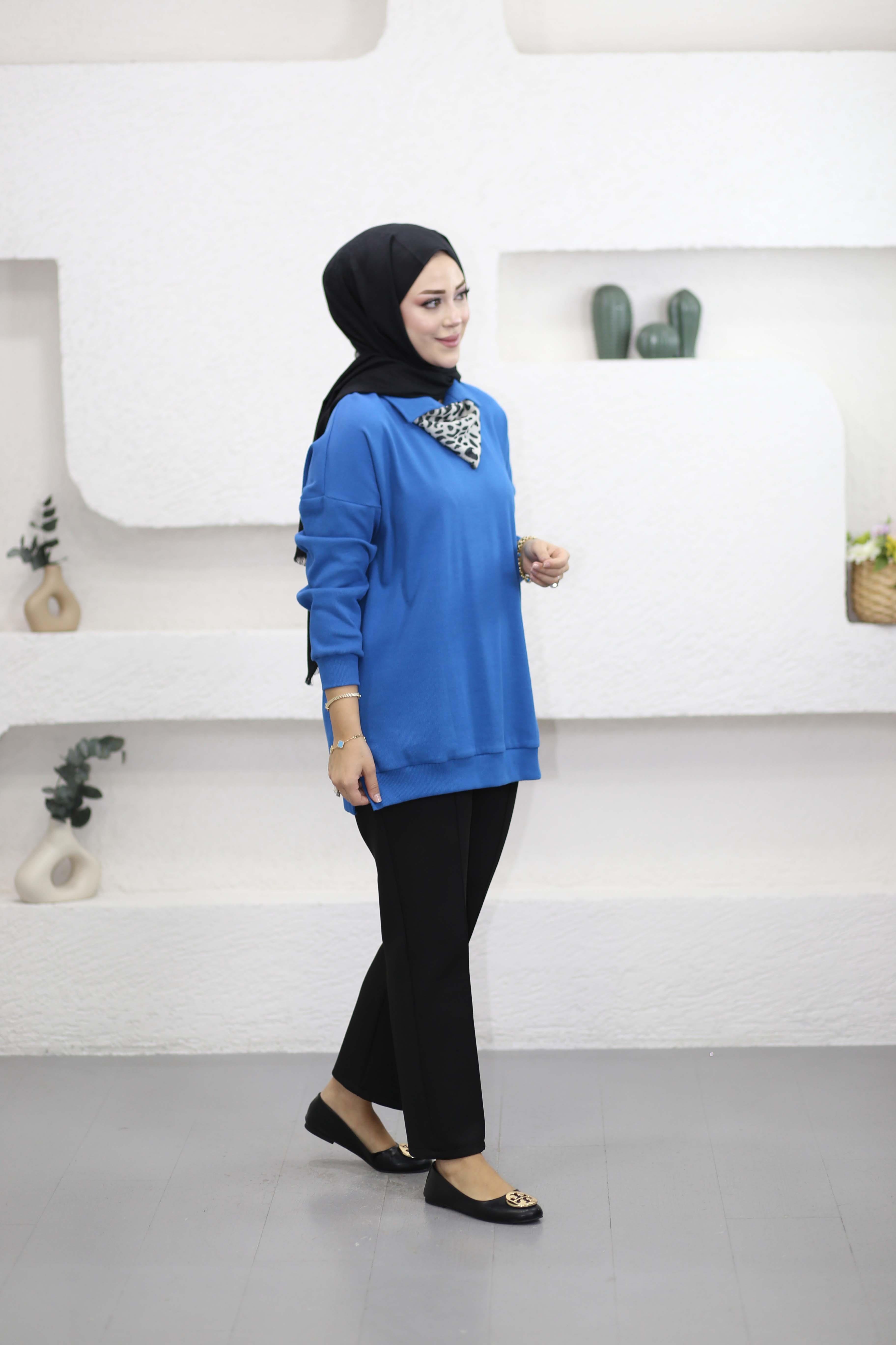 Leopar Fularlı Sweat Mavi 6110